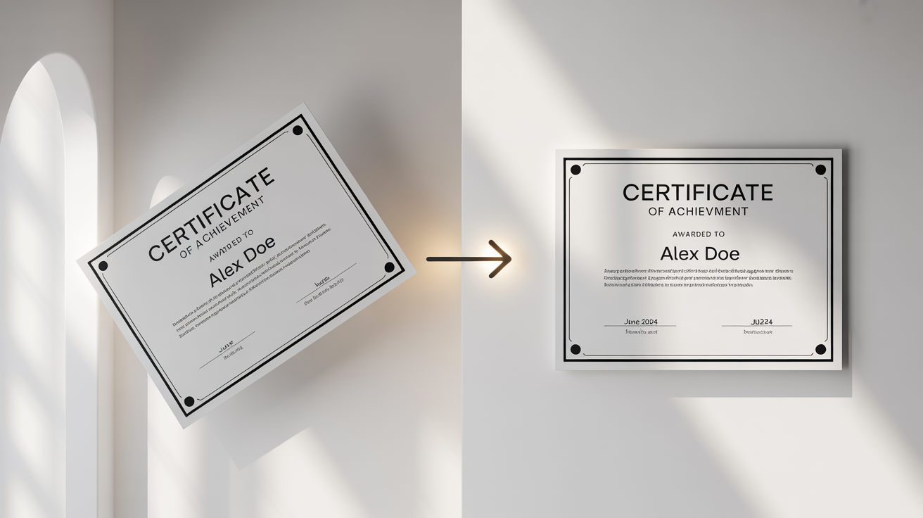 A comparative image showing the effect of a document straightening tool. On the left is a skewed photo of a certificate, and on the right is the same certificate perfectly straightened and rectangular.