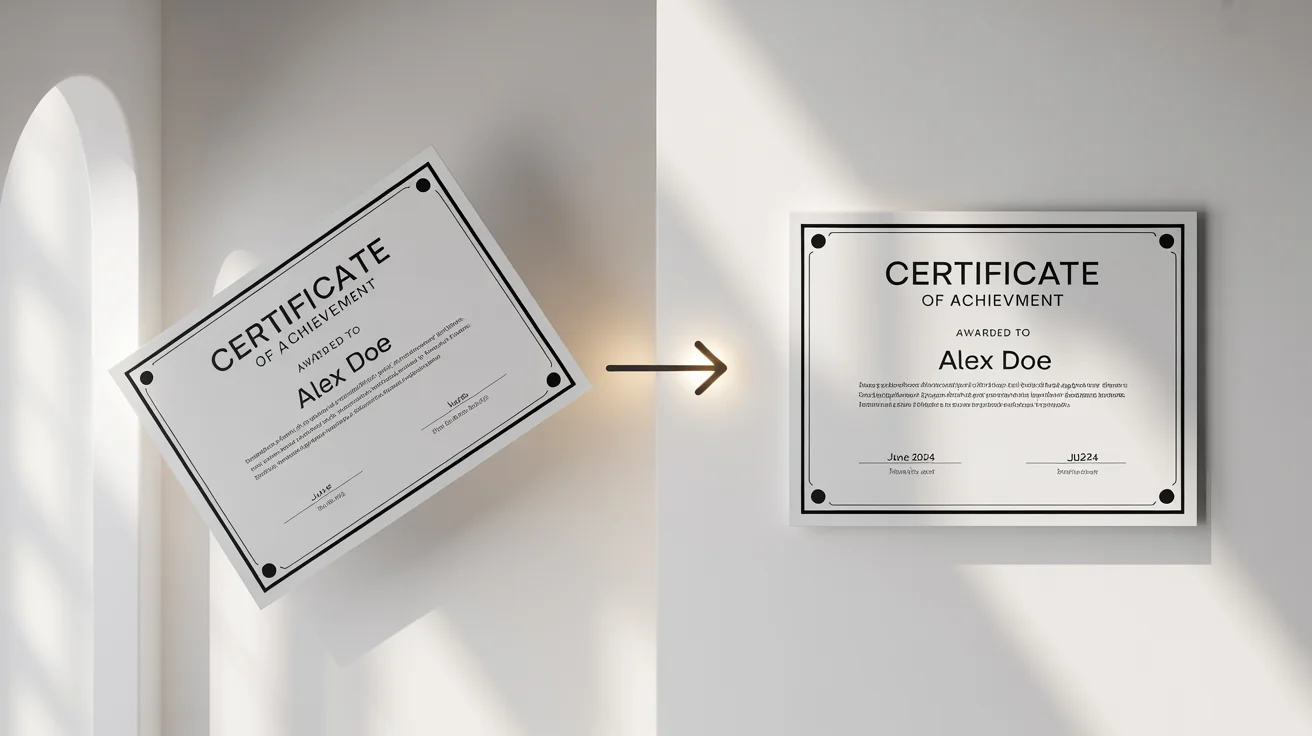 A comparative image showing the effect of a document straightening tool. On the left is a skewed photo of a certificate, and on the right is the same certificate perfectly straightened and rectangular.