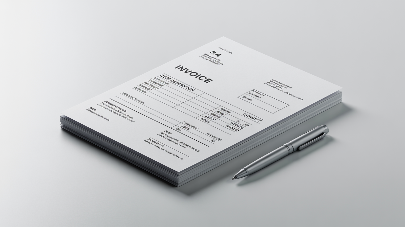 A perfectly straight, crisp invoice document lying flat on a clean white surface, with a silver pen next to it, illustrating the result of a document straightening tool.