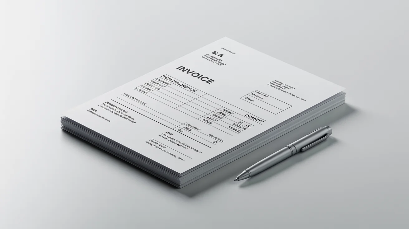 A perfectly straight, crisp invoice document lying flat on a clean white surface, with a silver pen next to it, illustrating the result of a document straightening tool.