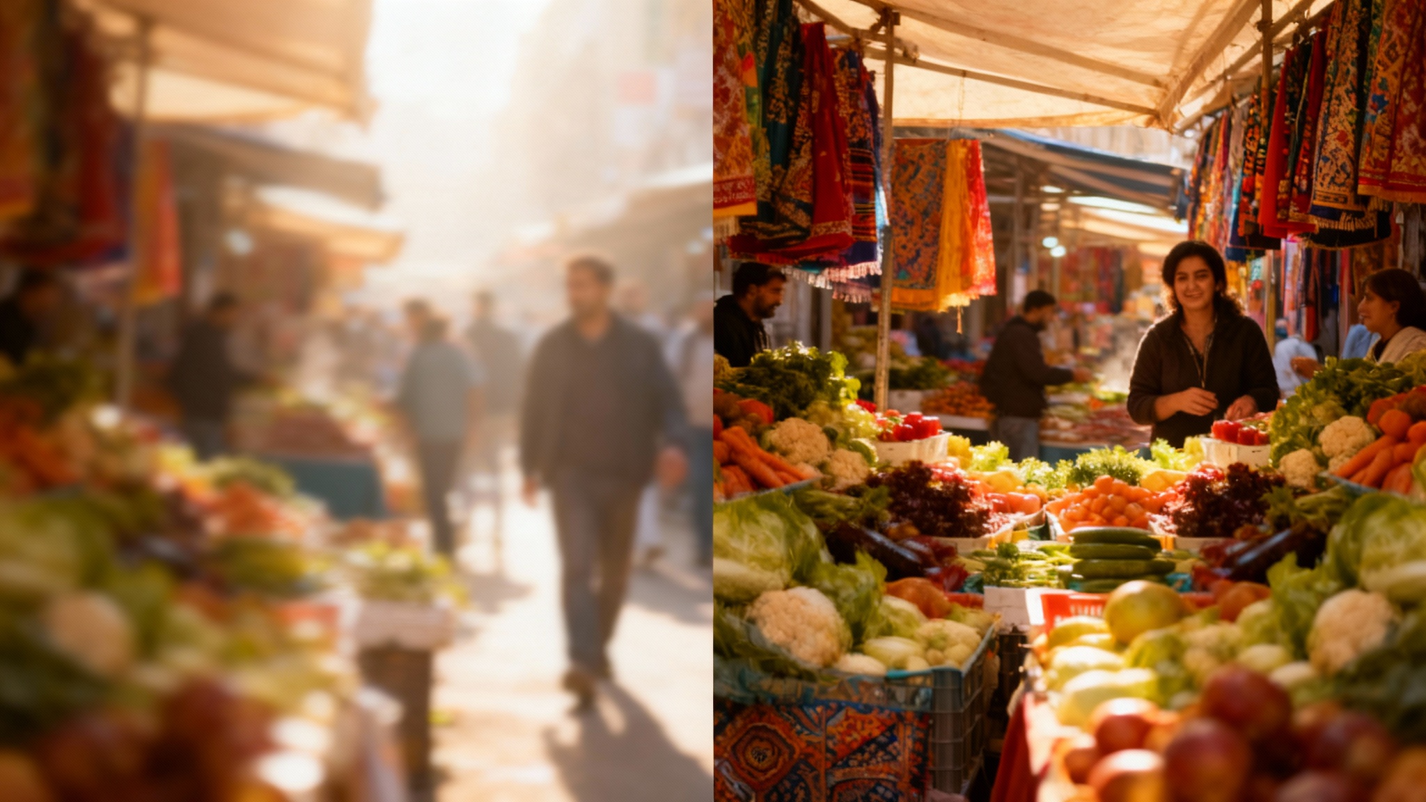 A dramatic before-and-after image demonstrating a deblur tool. The left side shows a blurry city market scene, and the right side shows the same scene perfectly deblurred, with sharp details, vibrant colors, and clear faces.