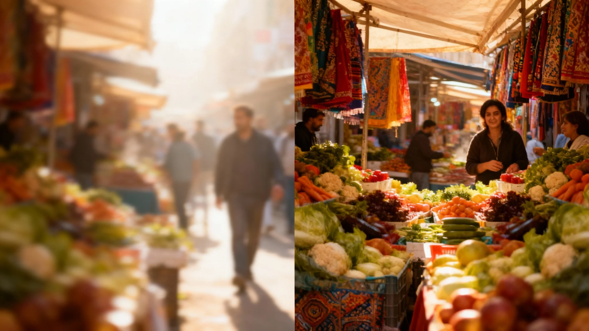 A dramatic before-and-after image demonstrating a deblur tool. The left side shows a blurry city market scene, and the right side shows the same scene perfectly deblurred, with sharp details, vibrant colors, and clear faces.
