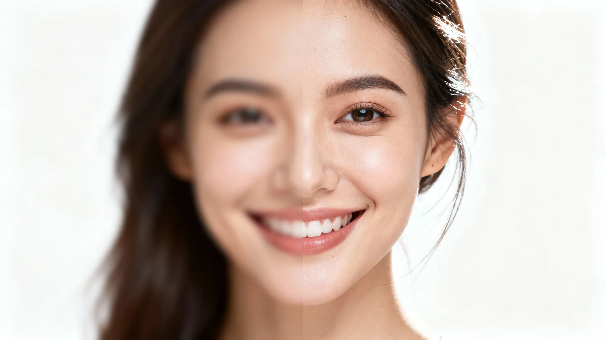 A split-image demonstrating an image deblurring effect. The left side shows a blurry portrait of a woman, and the right side shows the same portrait perfectly sharp and clear.