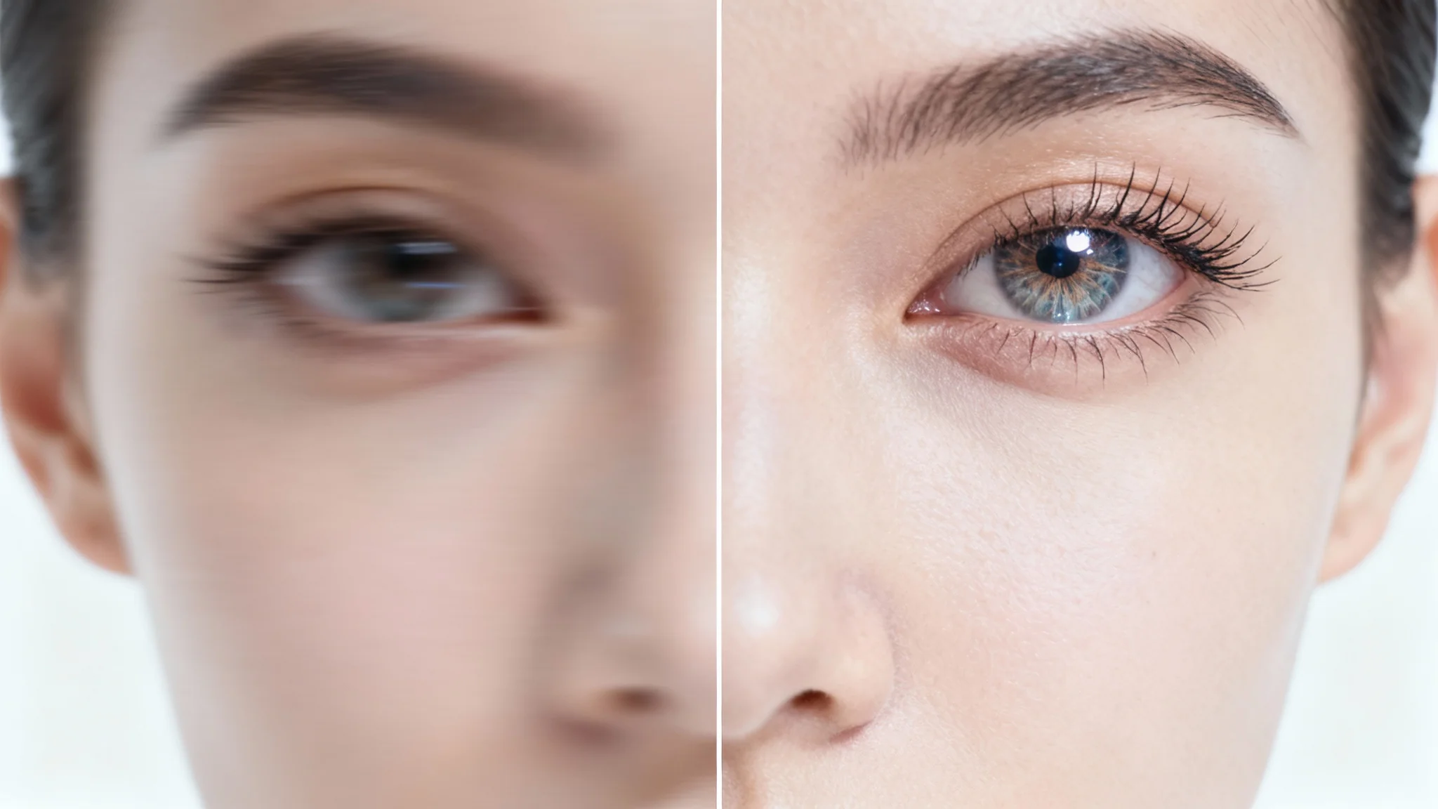 A split image demonstrating a photo deblurring effect. The left side shows a very blurry portrait of a woman, while the right side is the same portrait but perfectly sharp and clear, revealing fine details.