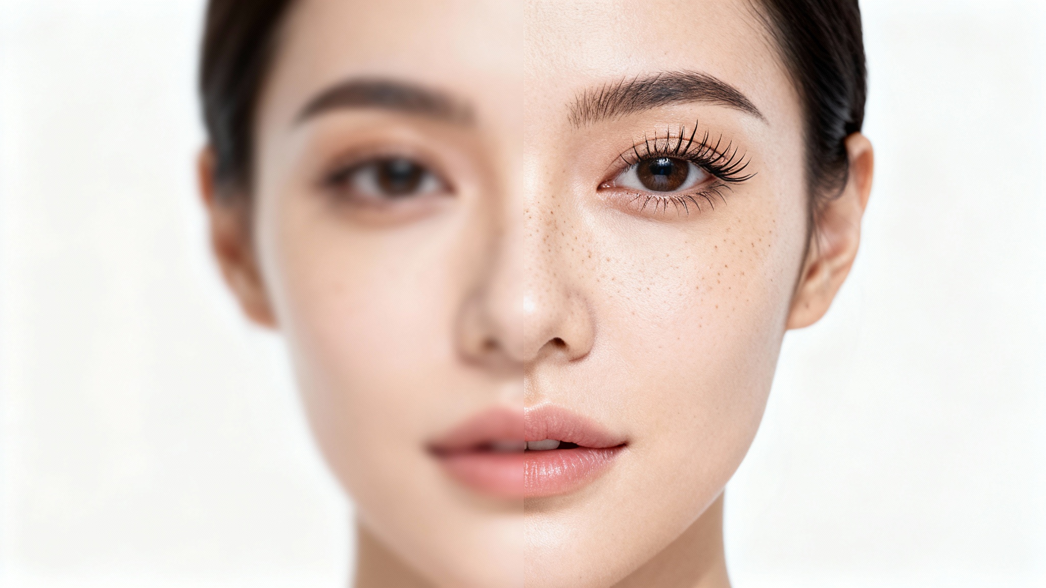 A split image showing the deblurring effect on a woman's portrait: the left side is blurry and out of focus, while the right side is sharp and crystal clear.