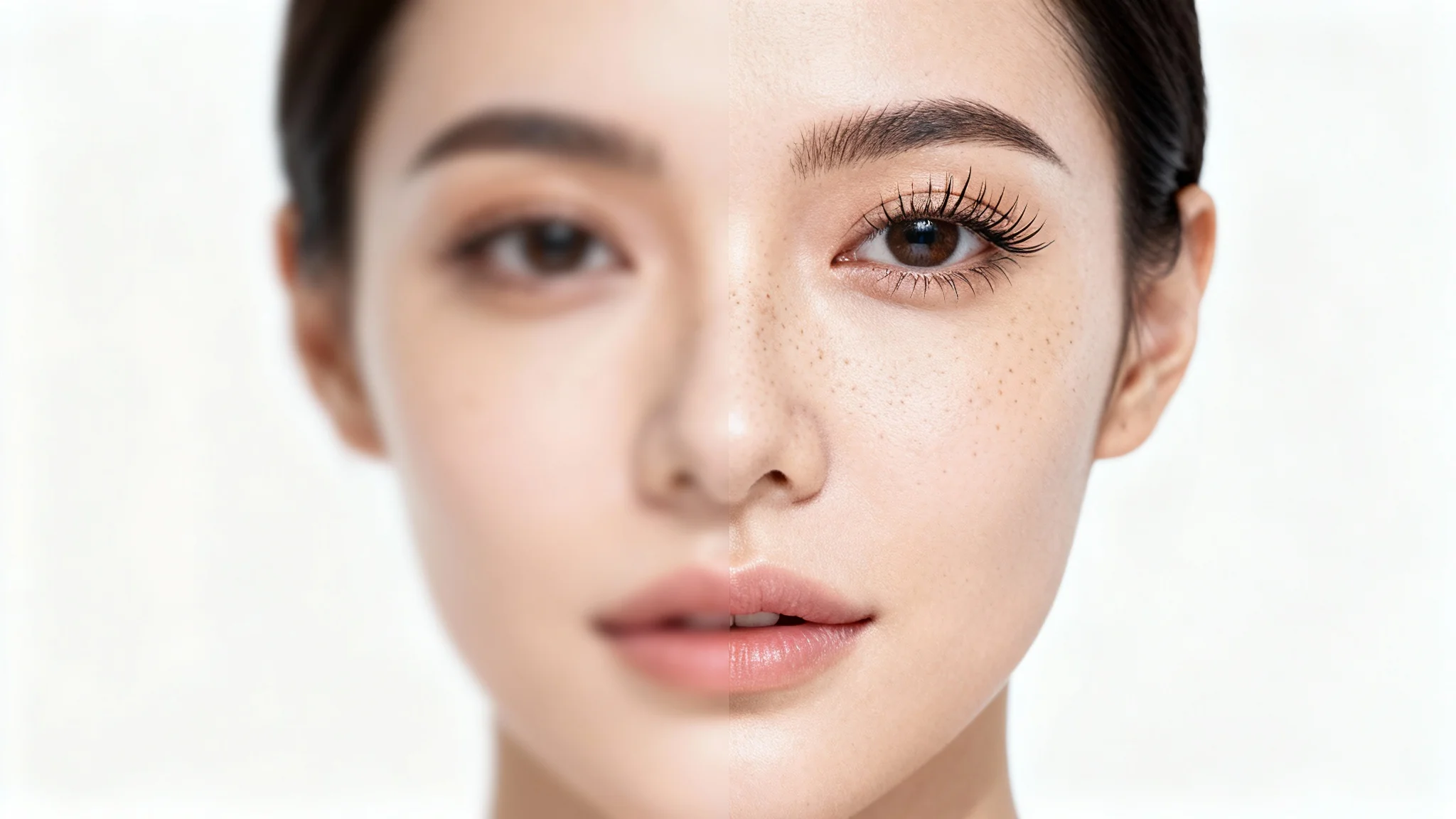 A split image showing the deblurring effect on a woman's portrait: the left side is blurry and out of focus, while the right side is sharp and crystal clear.