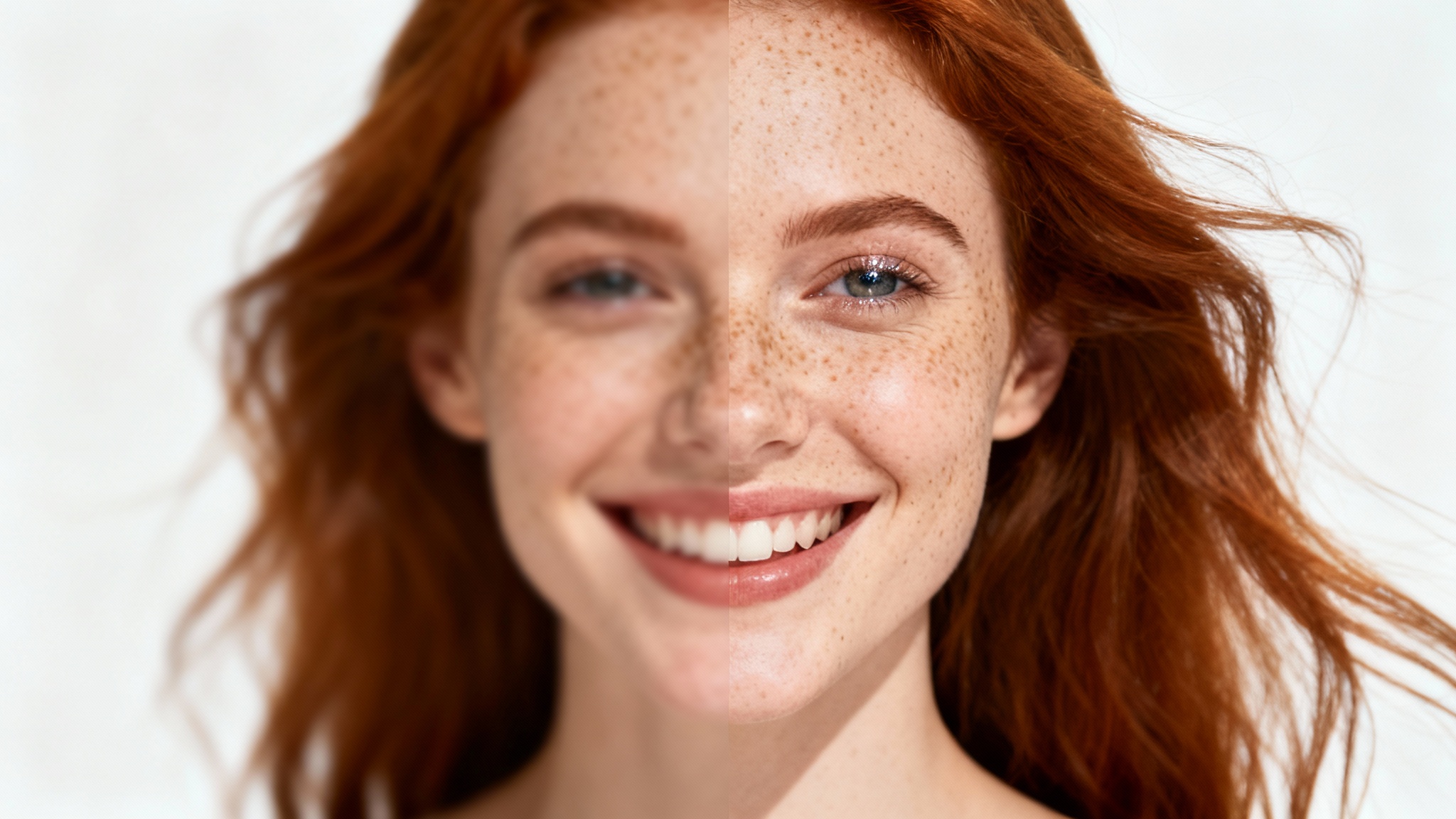 A conceptual image showing an image deblurring effect. The left side of a woman's face is blurry, while the right side is perfectly sharp and in high definition, illustrating the process of making an image clear.
