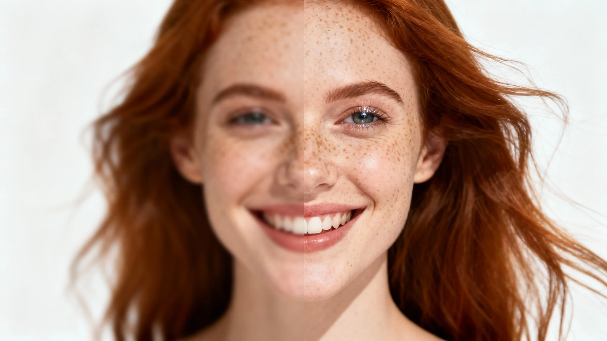 A conceptual image showing an image deblurring effect. The left side of a woman's face is blurry, while the right side is perfectly sharp and in high definition, illustrating the process of making an image clear.