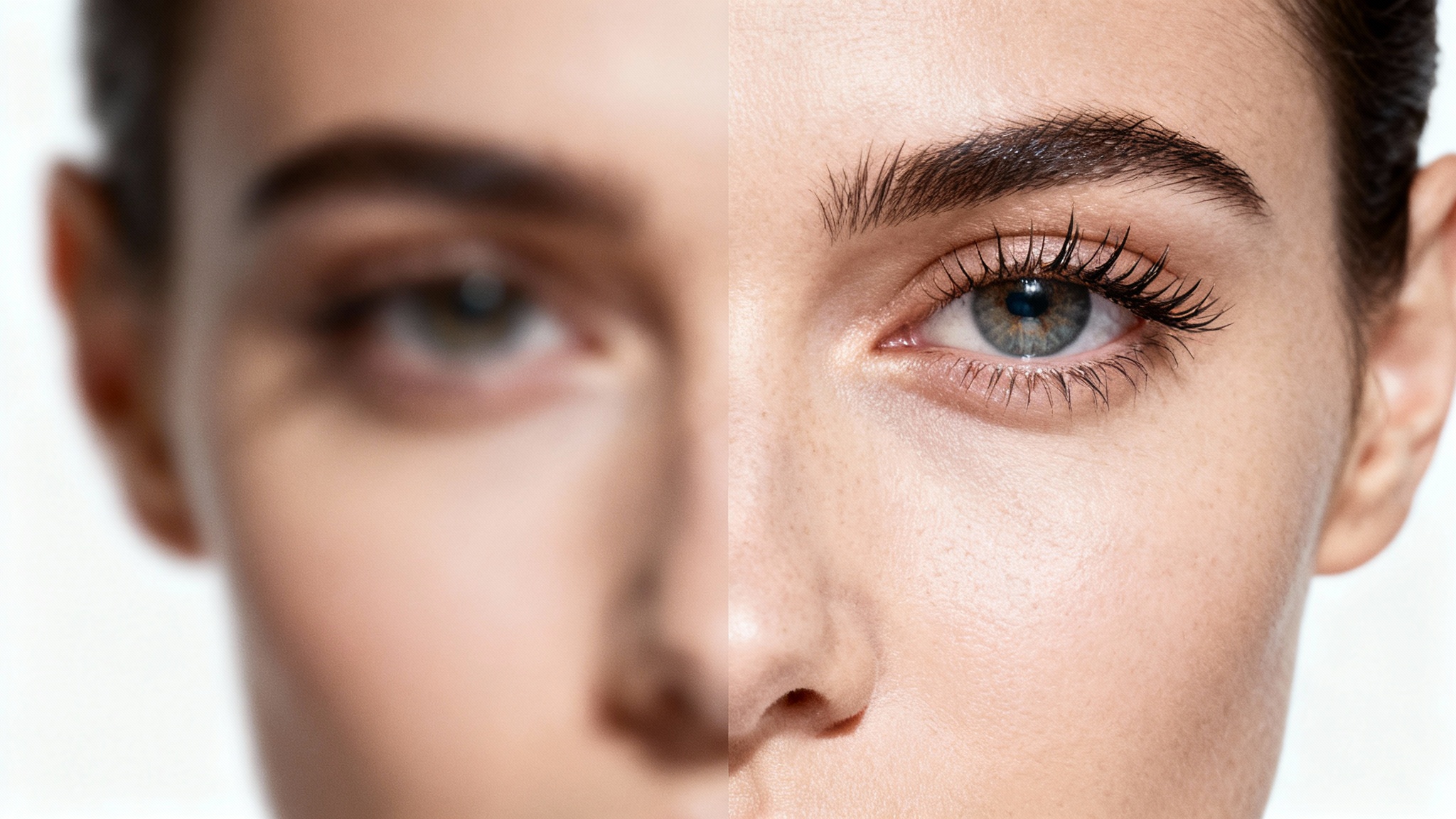 A split-screen image demonstrating a deblurring effect. The left half shows a blurry portrait of a person, and the right half shows the same portrait perfectly sharp and clear, all against a white background.