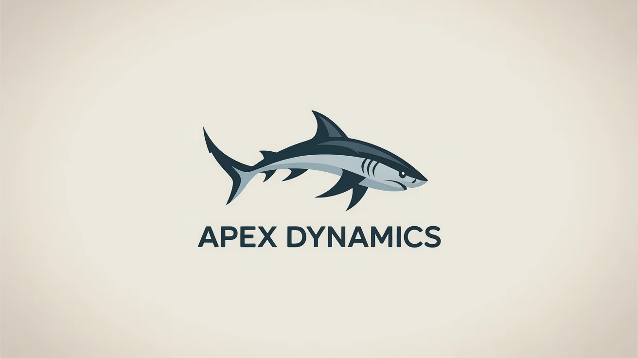 A modern, professional logo featuring a stylized shark in navy blue and gray, with the words 'APEX DYNAMICS' below it, on a light background.