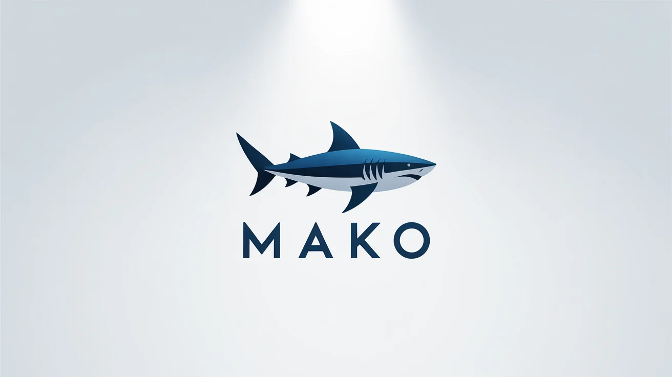 A modern, minimalist mockup of a shark logo in navy blue and grey, with the fictional brand name 'MAKO' below it, set against a plain white background.