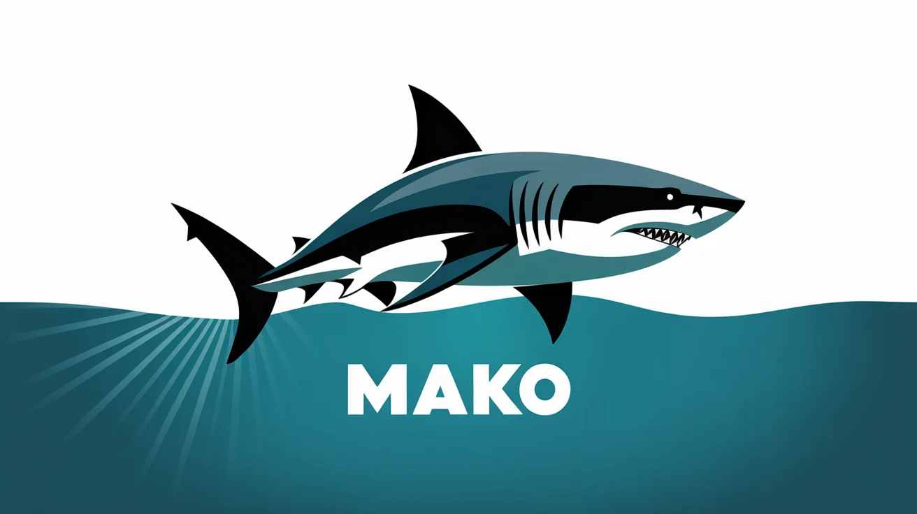 A modern, minimalist shark logo featuring a stylized great white shark in shades of gray and black, with the word 'MAKO' written underneath. The logo is on a clean white background.