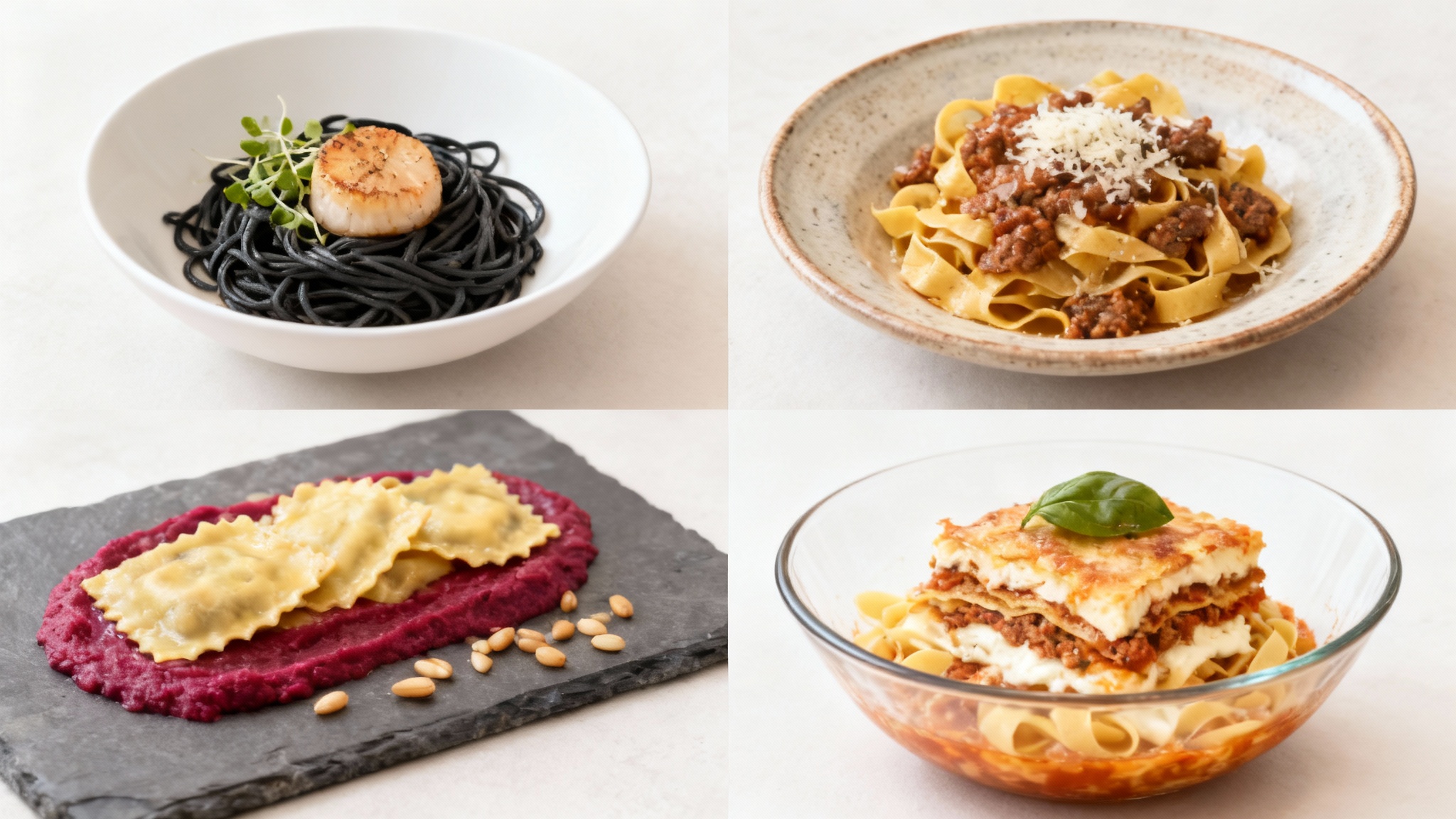 A 2x2 grid collage showcasing four different professional pasta plating ideas on a light gray background. The dishes include squid ink spaghetti, pappardelle with ragu, artistic ravioli, and deconstructed lasagna, each demonstrating a unique culinary style.