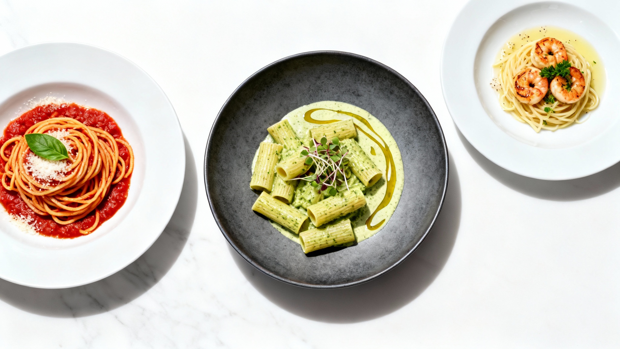 A top-down view of three different, beautifully plated pasta dishes on a white marble surface, showcasing creative and elegant pasta plating ideas.