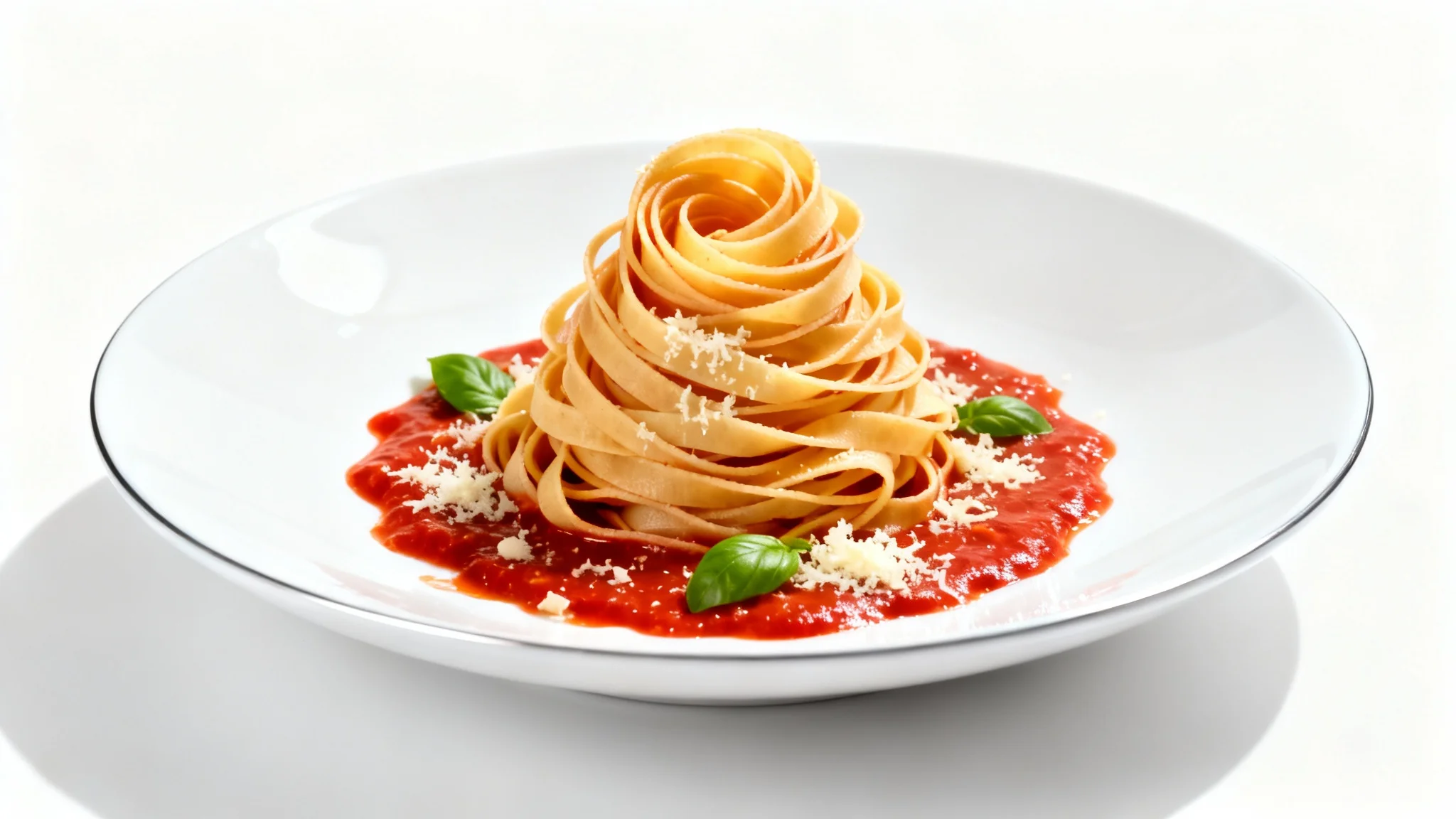 A gourmet dish of tagliatelle pasta swirled into a nest, topped with a rich red sauce, fresh basil, and grated parmesan cheese, beautifully plated on a modern white dish against a clean white background.