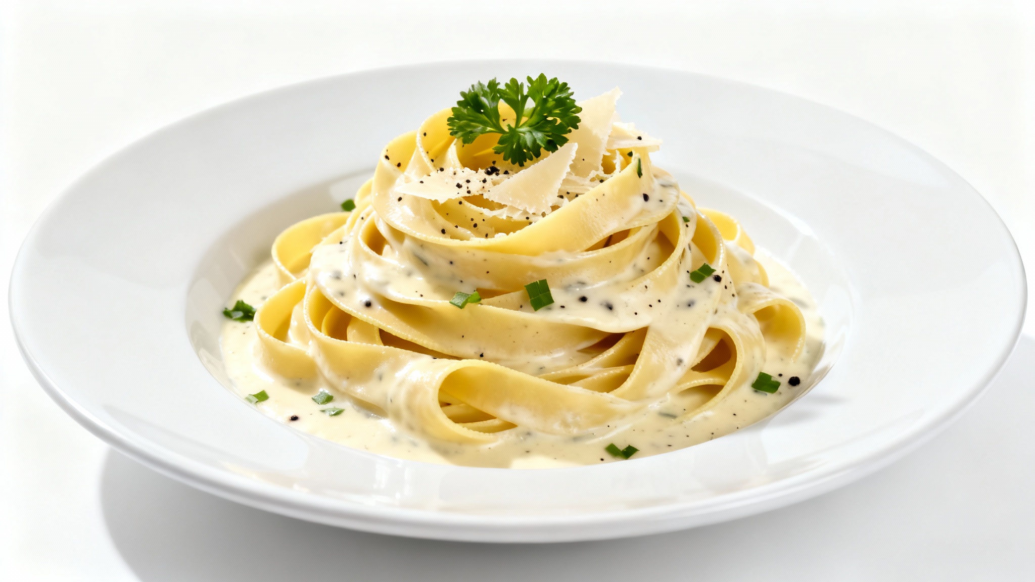 A professionally styled, gourmet plate of pappardelle pasta in a creamy Alfredo sauce, garnished with parsley and Parmesan, presented on a white plate against a clean white background.
