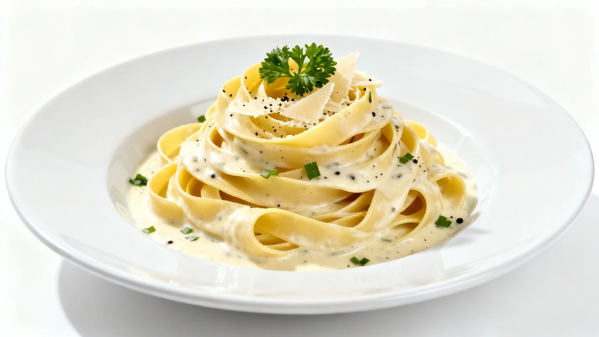 A professionally styled, gourmet plate of pappardelle pasta in a creamy Alfredo sauce, garnished with parsley and Parmesan, presented on a white plate against a clean white background.