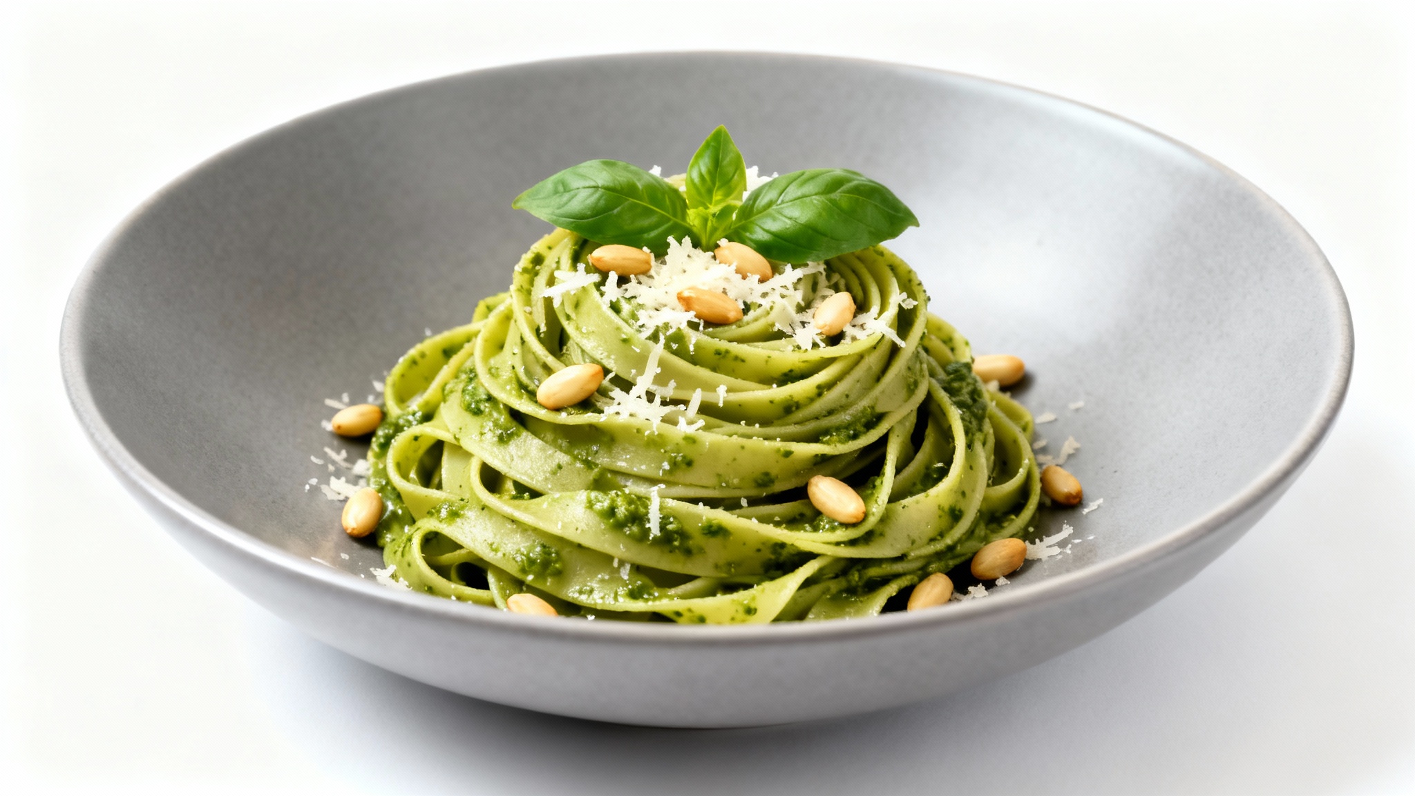 An elegantly plated dish of fettuccine with pesto sauce, garnished with basil and pine nuts, showcased on a grey plate against a clean white background to represent creative pasta plating ideas.