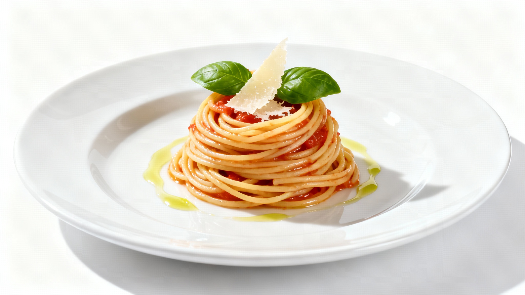 An elegantly plated dish of spaghetti with tomato sauce, garnished with basil and parmesan cheese, presented against a stark white background.