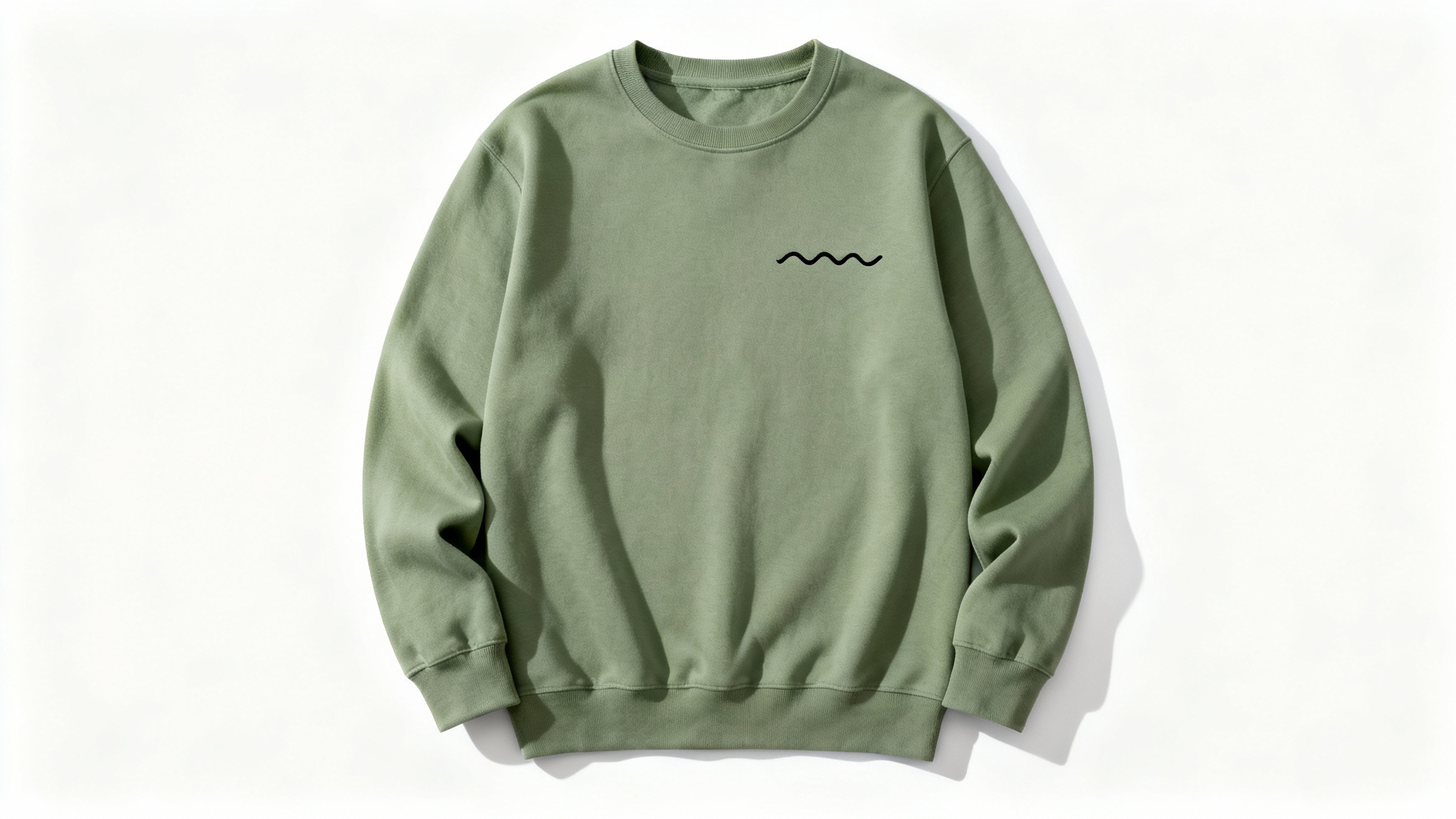 A minimalist sage green sweatshirt laid flat on a white background, with a small, abstract black line wave embroidered on the center of the chest.