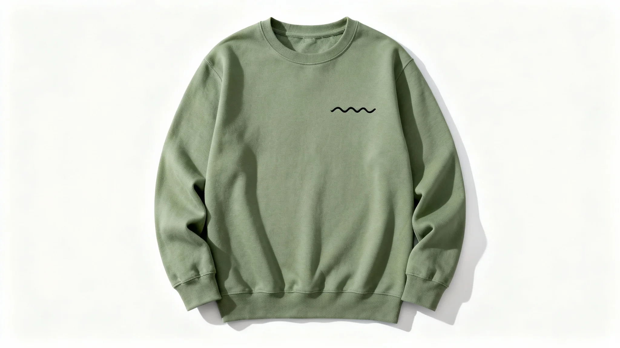 A minimalist sage green sweatshirt laid flat on a white background, with a small, abstract black line wave embroidered on the center of the chest.