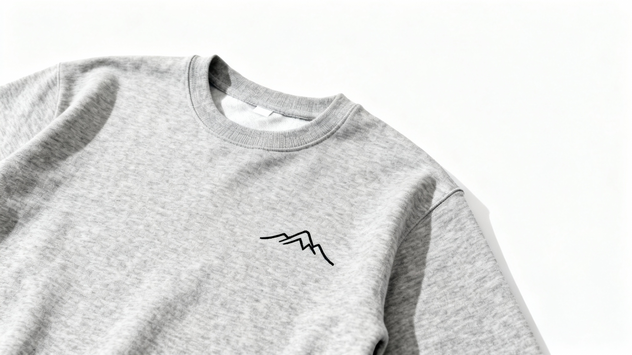 A heather grey minimalist sweatshirt laid flat on a white background, featuring a small black line art design of a mountain range on the chest.