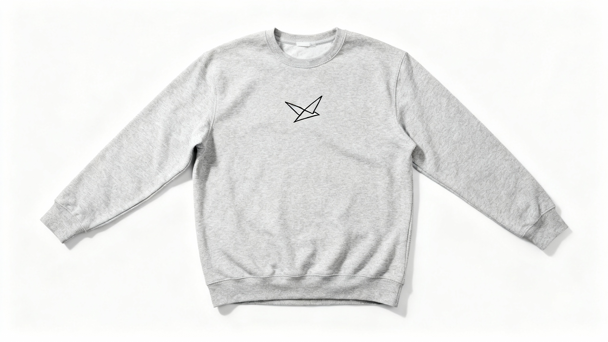 A minimalist heather gray sweatshirt is laid flat on a white background, featuring a small, simple black line art graphic of a bird on the chest.