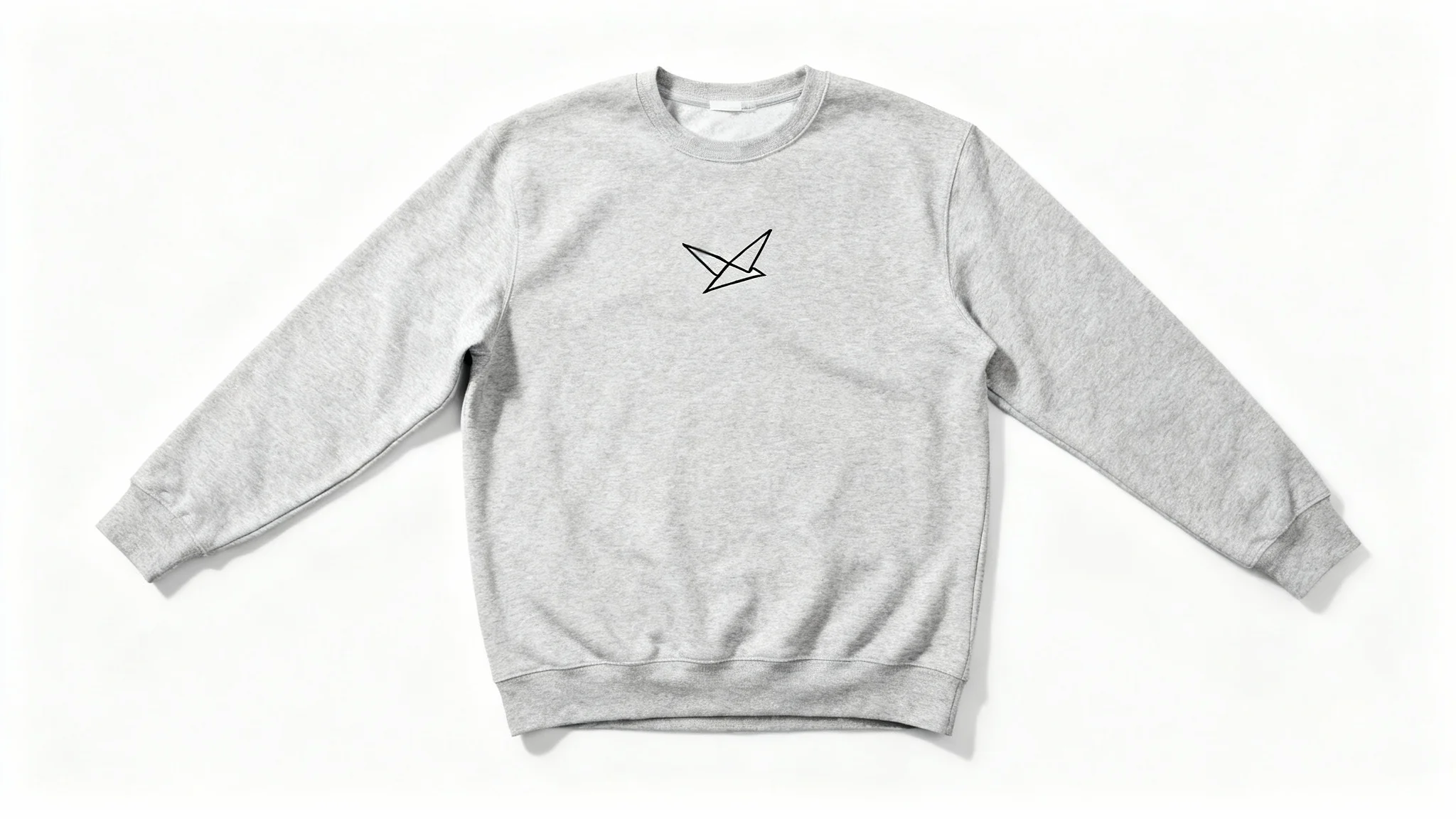 A minimalist heather gray sweatshirt is laid flat on a white background, featuring a small, simple black line art graphic of a bird on the chest.