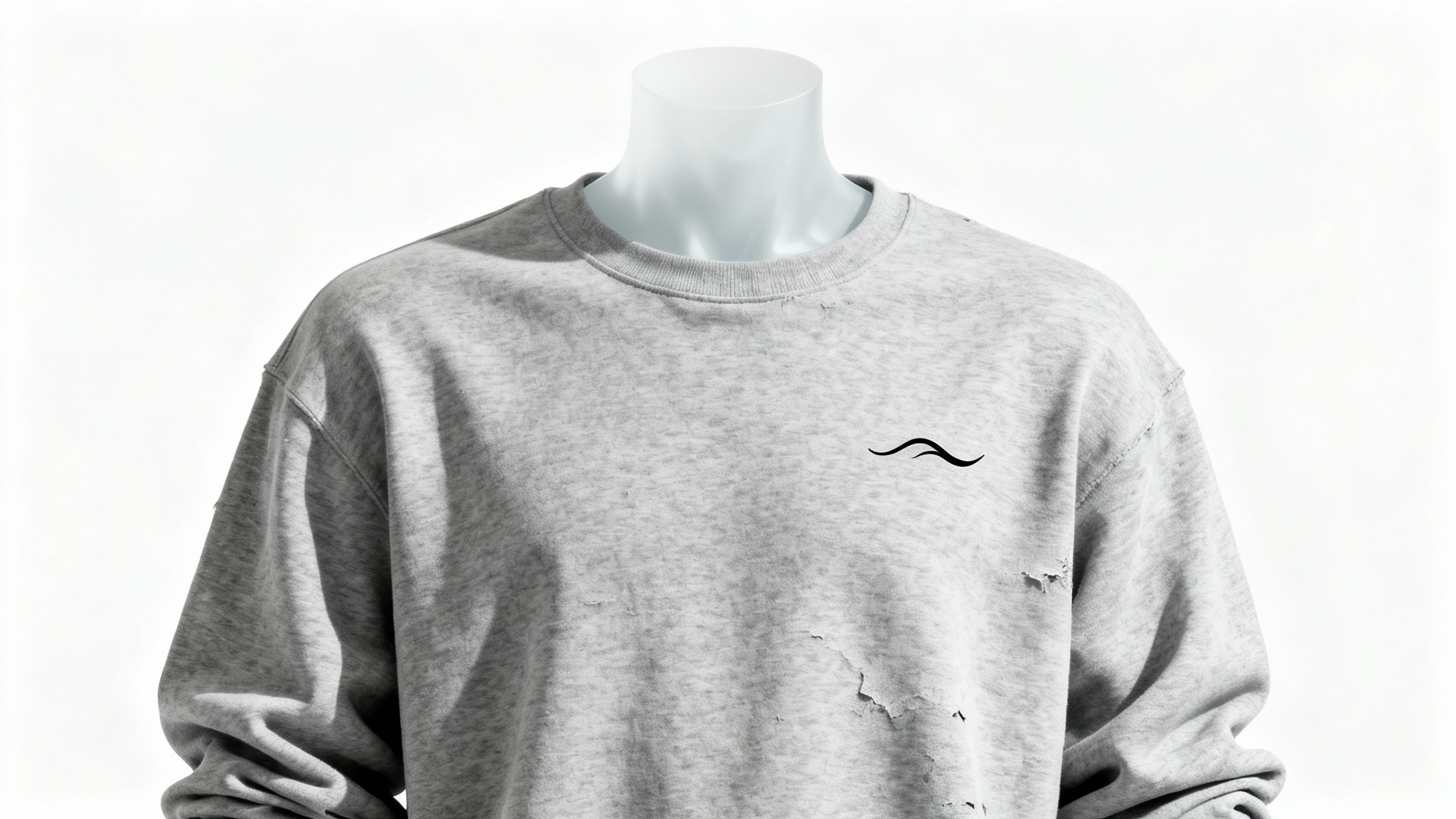 A minimalist heather gray sweatshirt displayed on an invisible mannequin, featuring a small, black abstract wave design on the chest, set against a plain white background.
