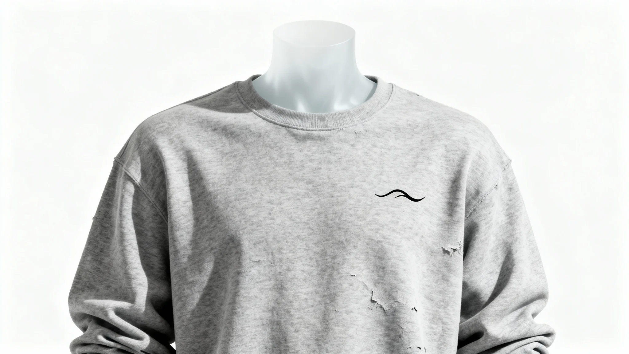 A minimalist heather gray sweatshirt displayed on an invisible mannequin, featuring a small, black abstract wave design on the chest, set against a plain white background.