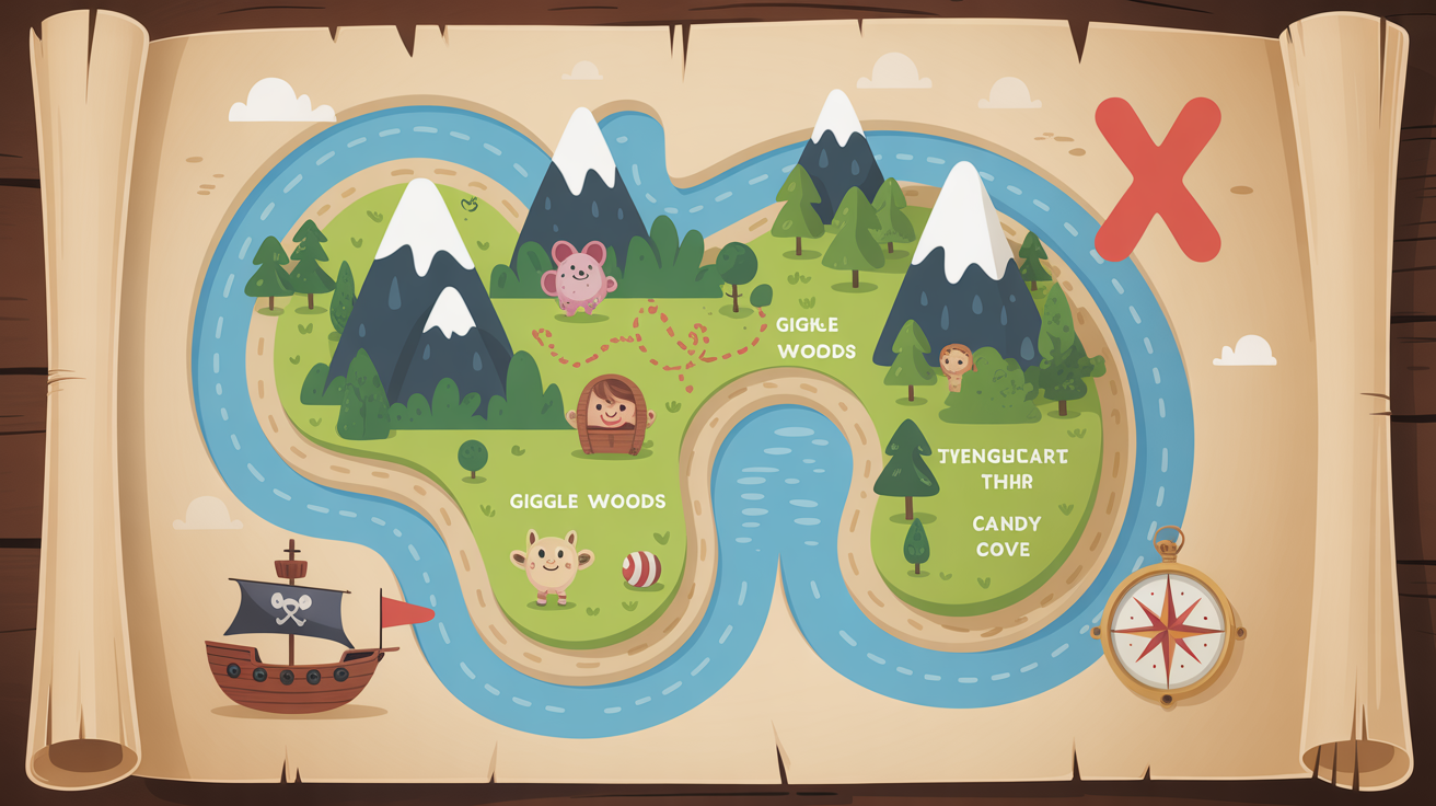 A professionally designed children's treasure map shown as a final result. The colorful map features a dotted path, a red 'X', and whimsical icons like a pirate ship and friendly animals.