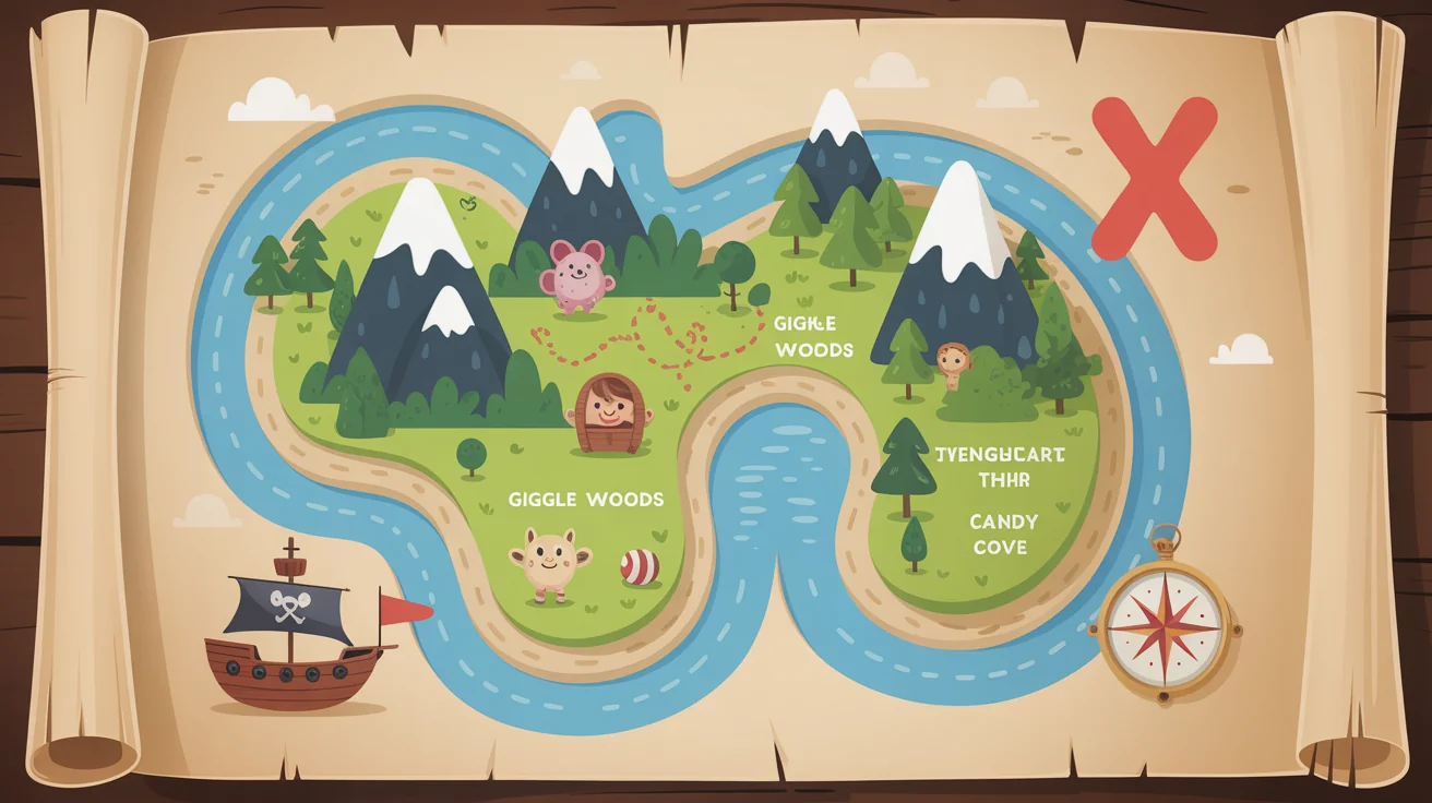 A professionally designed children's treasure map shown as a final result. The colorful map features a dotted path, a red 'X', and whimsical icons like a pirate ship and friendly animals.