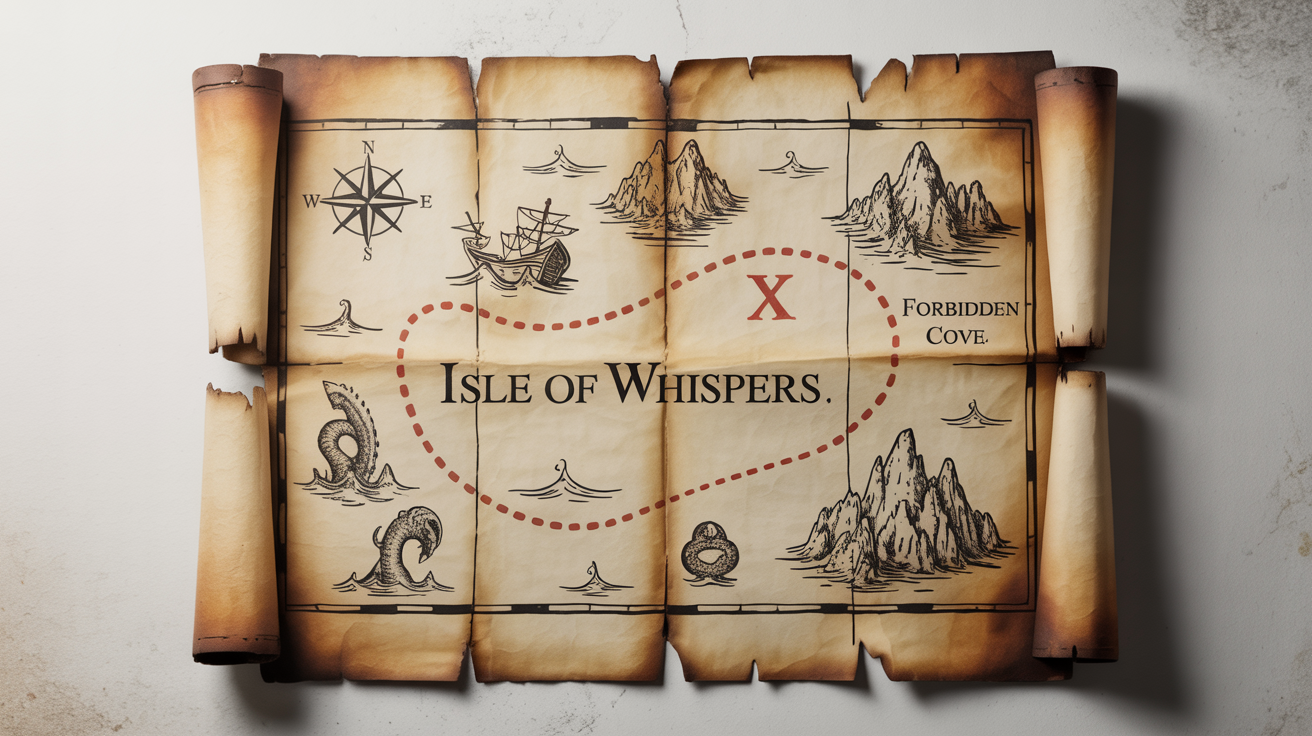 A photorealistic mockup of a detailed, ancient treasure map on aged parchment, laid out on a plain white background.