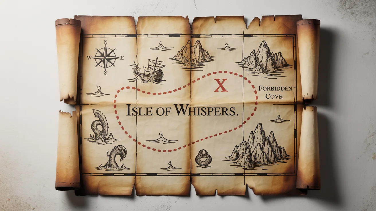 A photorealistic mockup of a detailed, ancient treasure map on aged parchment, laid out on a plain white background.