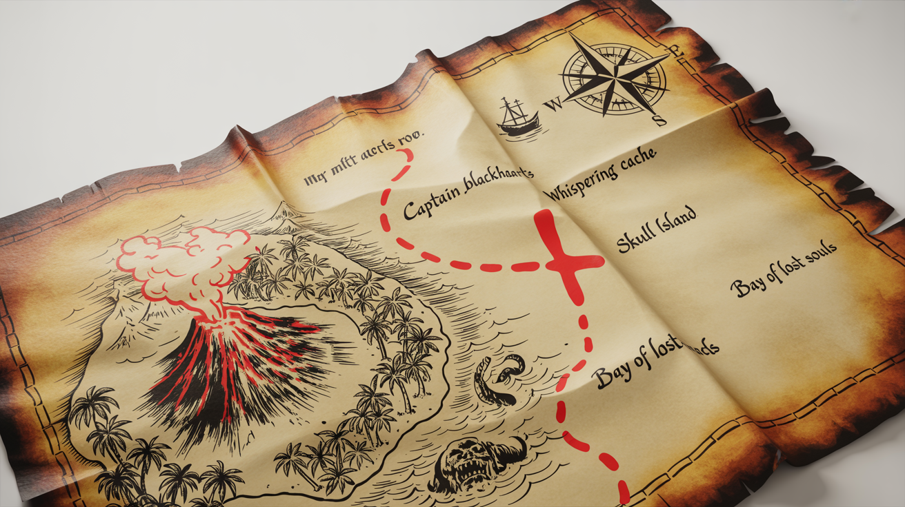 An ancient pirate treasure map on a white background. The yellowed parchment has tattered edges and shows a hand-drawn island, with a red dotted line leading to an 'X' that marks the spot.