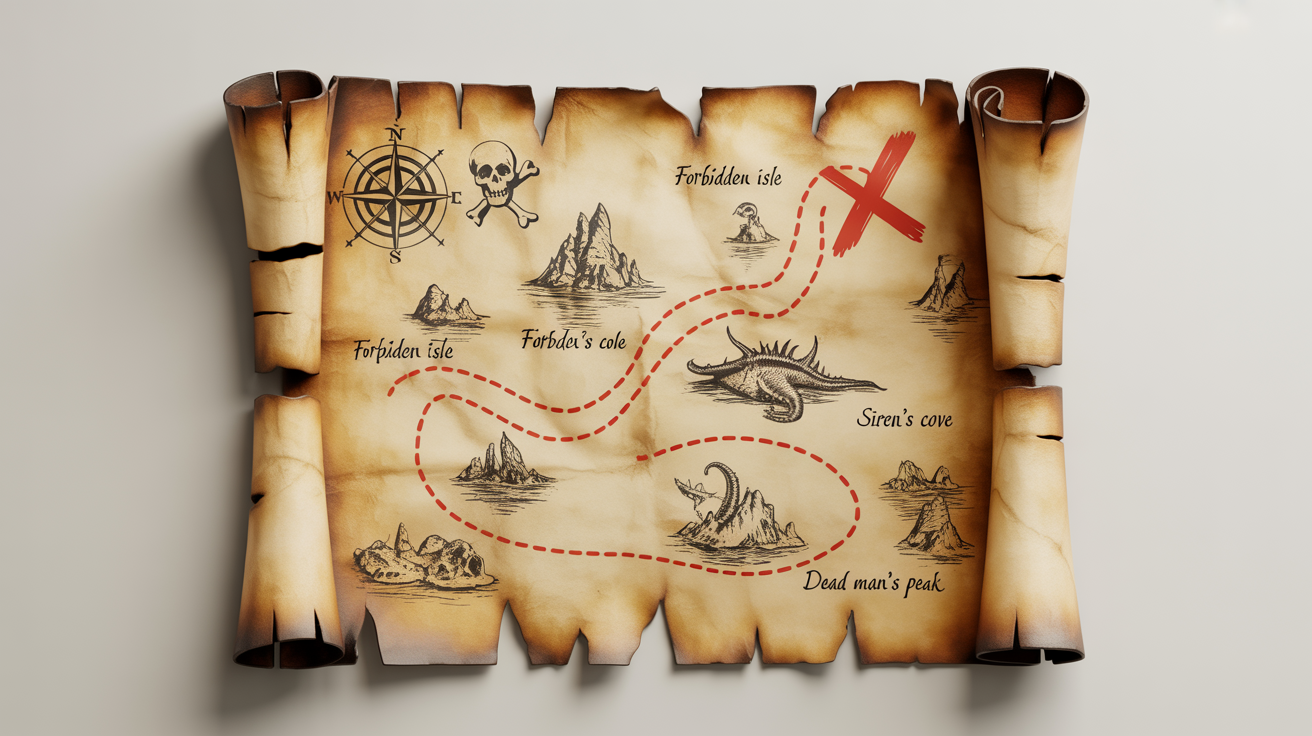 A realistic mockup of an old pirate treasure map with burnt edges, featuring a red dotted line leading to an 'X', all on a clean white background.