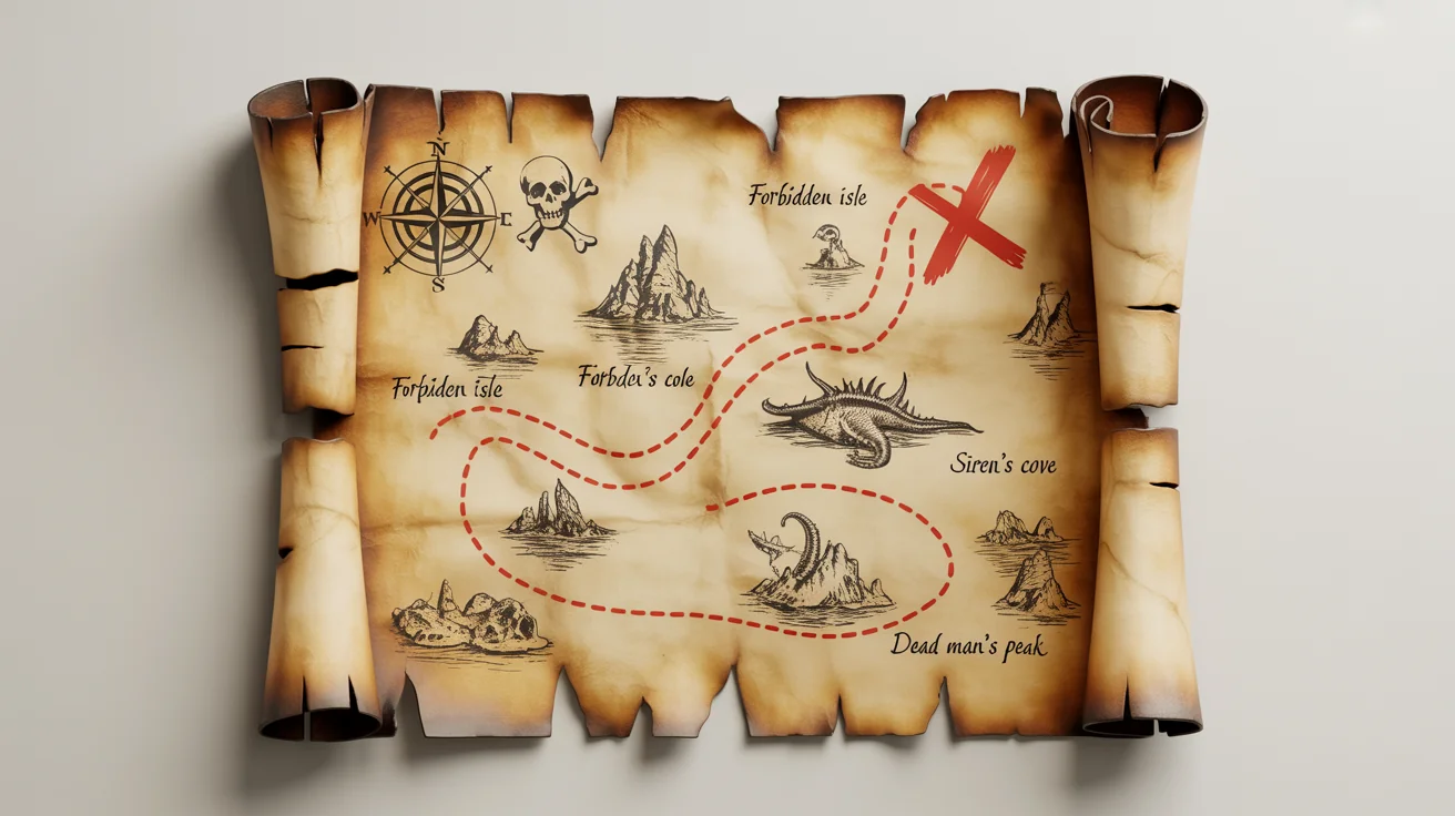 A realistic mockup of an old pirate treasure map with burnt edges, featuring a red dotted line leading to an 'X', all on a clean white background.