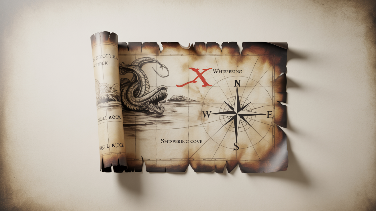 A mockup of an old pirate treasure map with burnt edges, showing a path to a red 'X', displayed on a clean white background.
