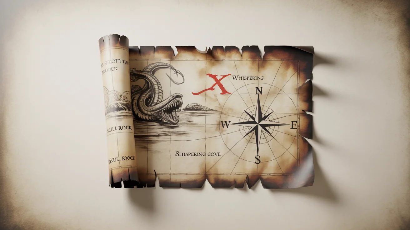 A mockup of an old pirate treasure map with burnt edges, showing a path to a red 'X', displayed on a clean white background.