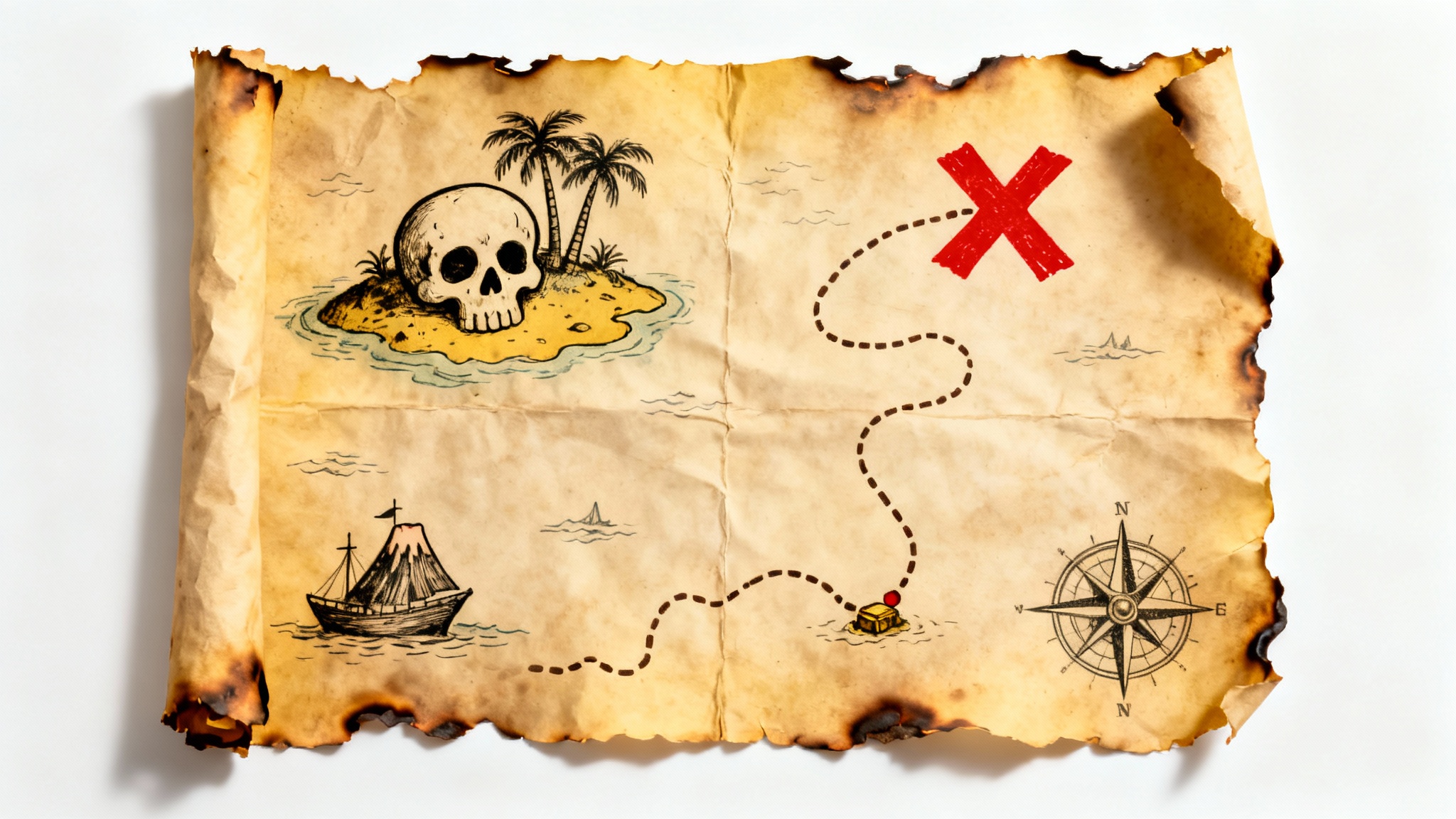 An old, weathered treasure map with hand-drawn islands, a dotted path, and a red X marking the spot, displayed on a clean white background.