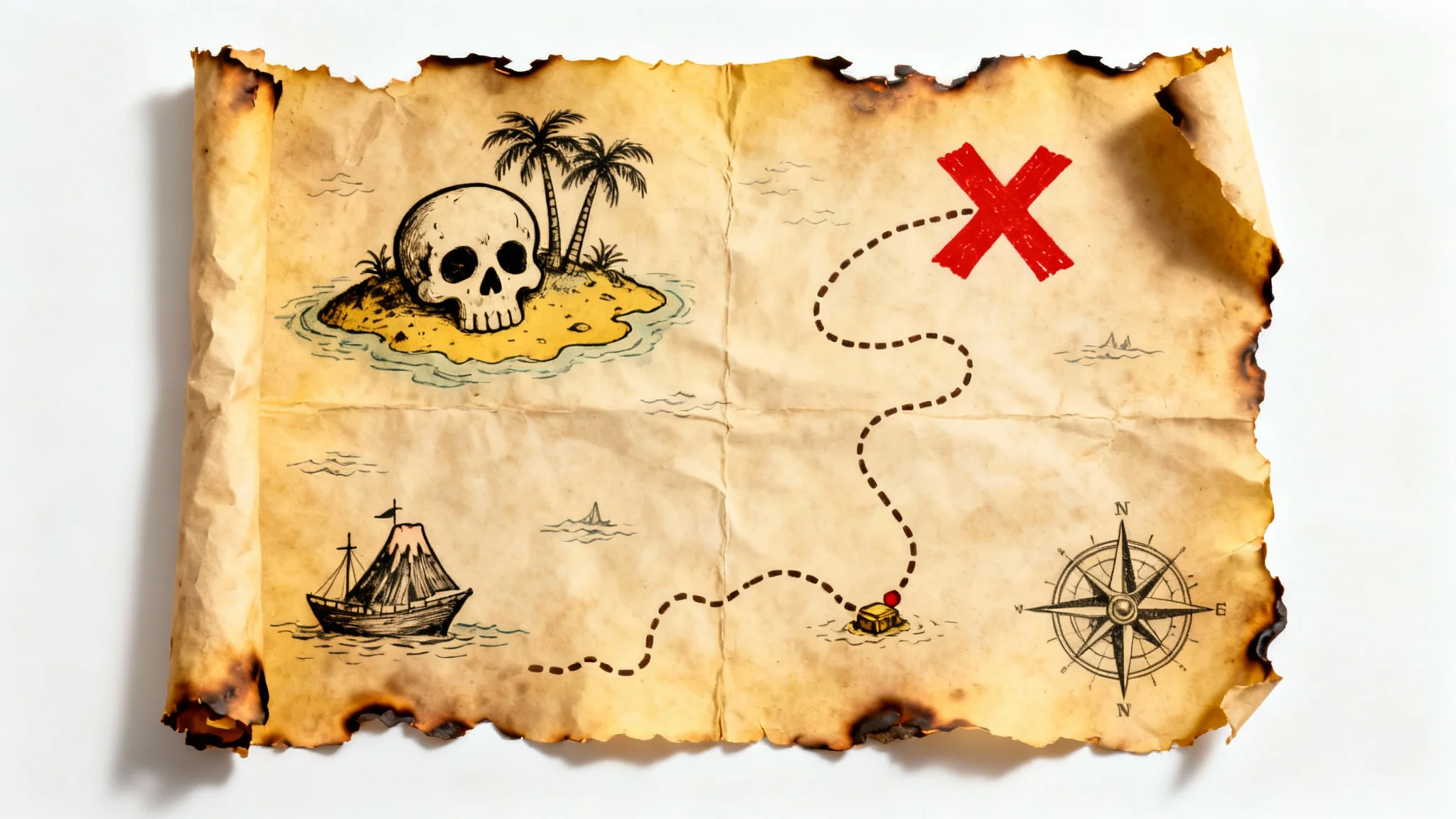 An old, weathered treasure map with hand-drawn islands, a dotted path, and a red X marking the spot, displayed on a clean white background.