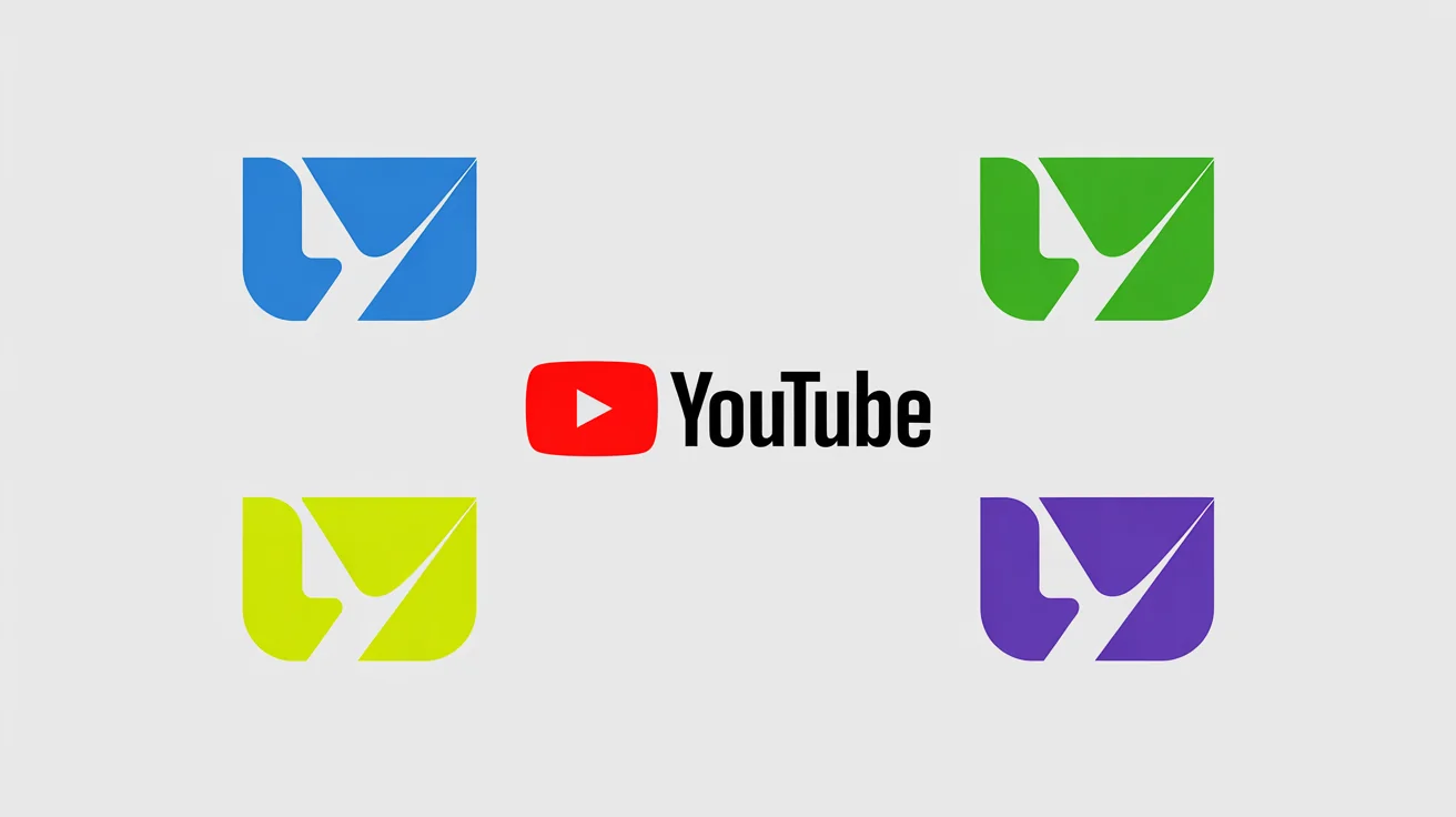 A graphic showcasing color variations of the YouTube logo. A central, classic red YouTube logo is surrounded by four smaller versions in blue, green, yellow, and purple, all on a white background.