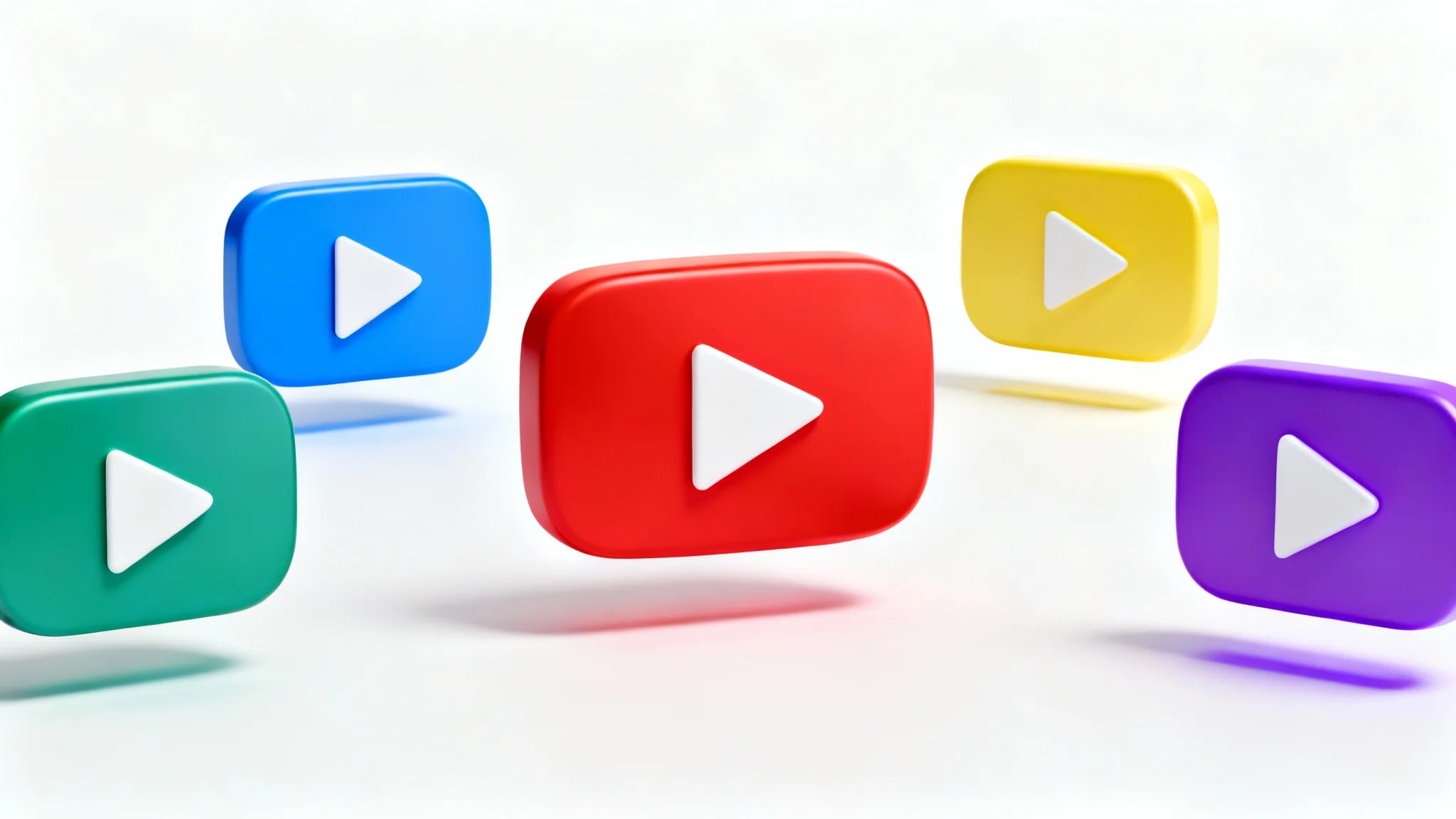 A central red YouTube logo surrounded by identical YouTube logos in various colors like blue, green, yellow, and purple, all on a clean white background, illustrating color changing.