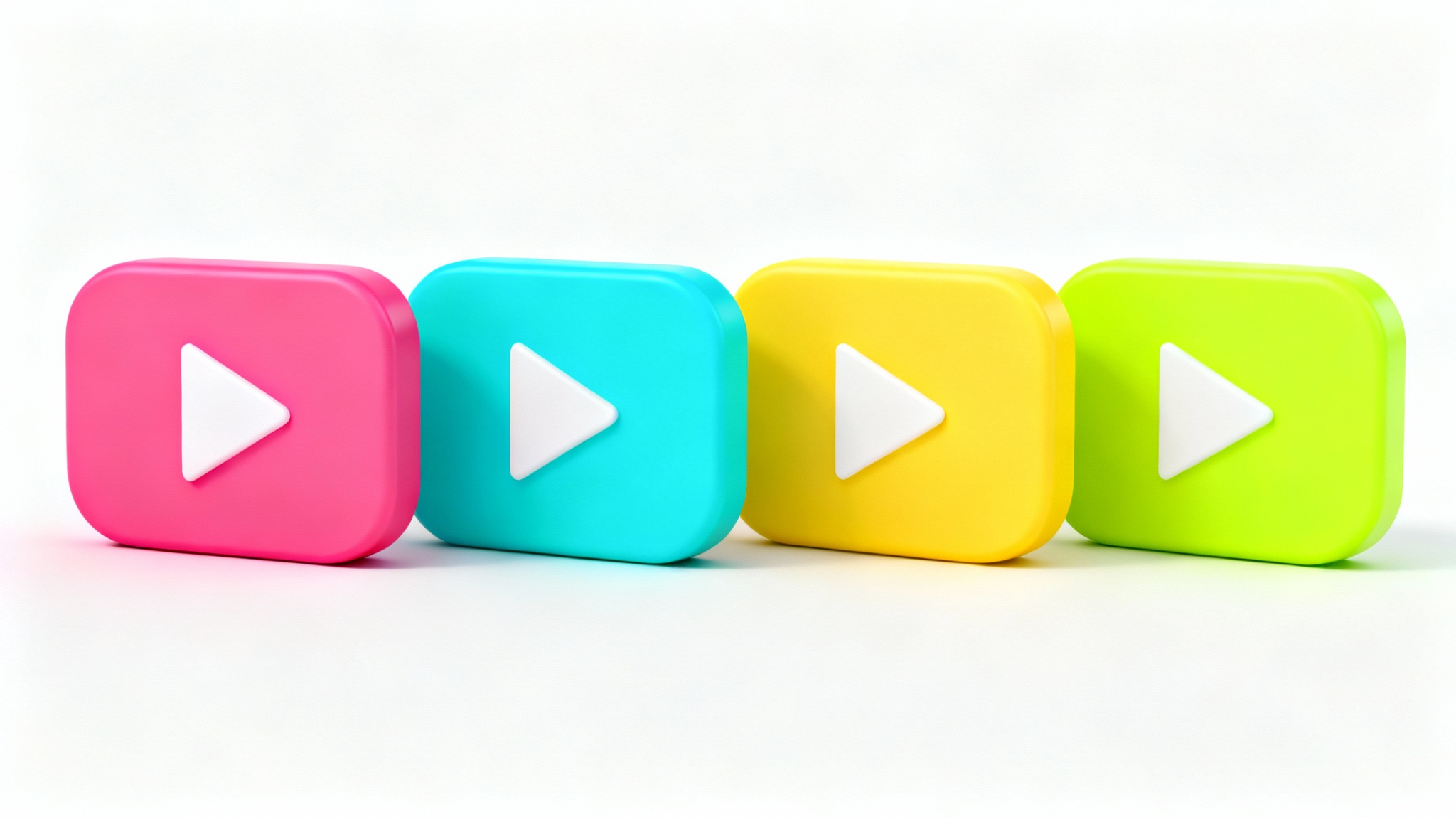 A row of four YouTube play button icons, each a different vibrant color, set against a white background to illustrate a color change feature.
