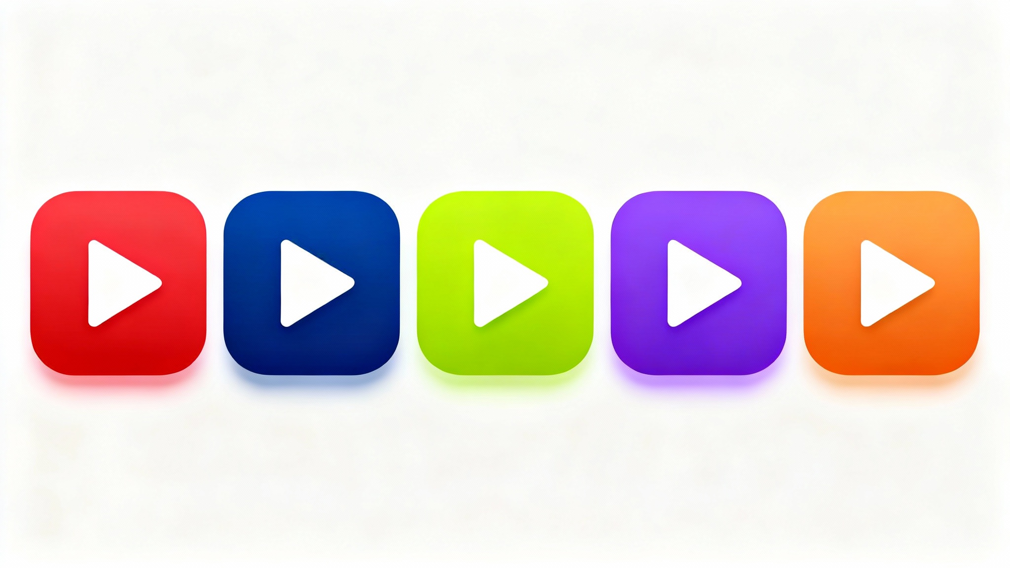 A row of five icons resembling the YouTube logo, each in a different color: red, blue, green, purple, and orange, on a clean white background.
