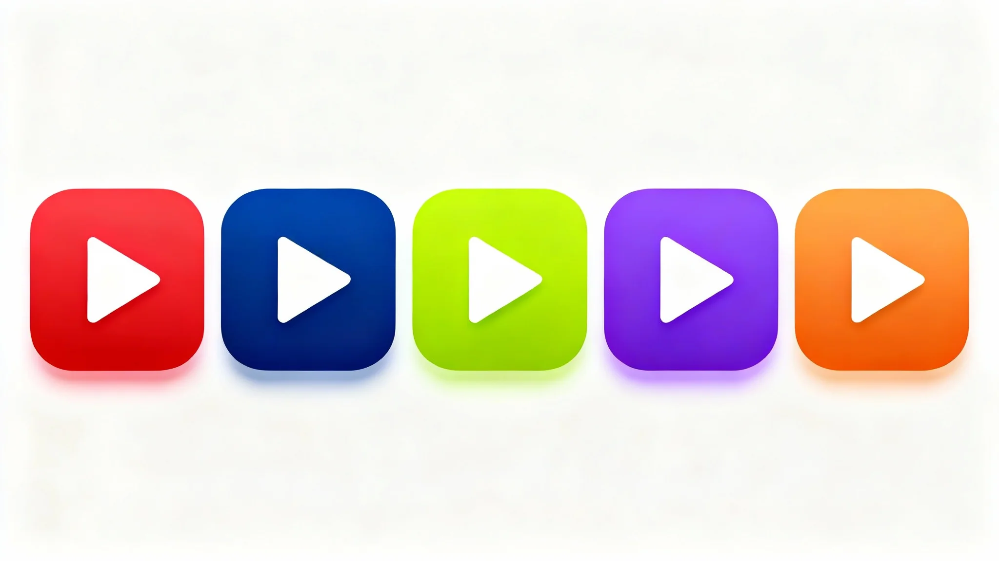 A row of five icons resembling the YouTube logo, each in a different color: red, blue, green, purple, and orange, on a clean white background.
