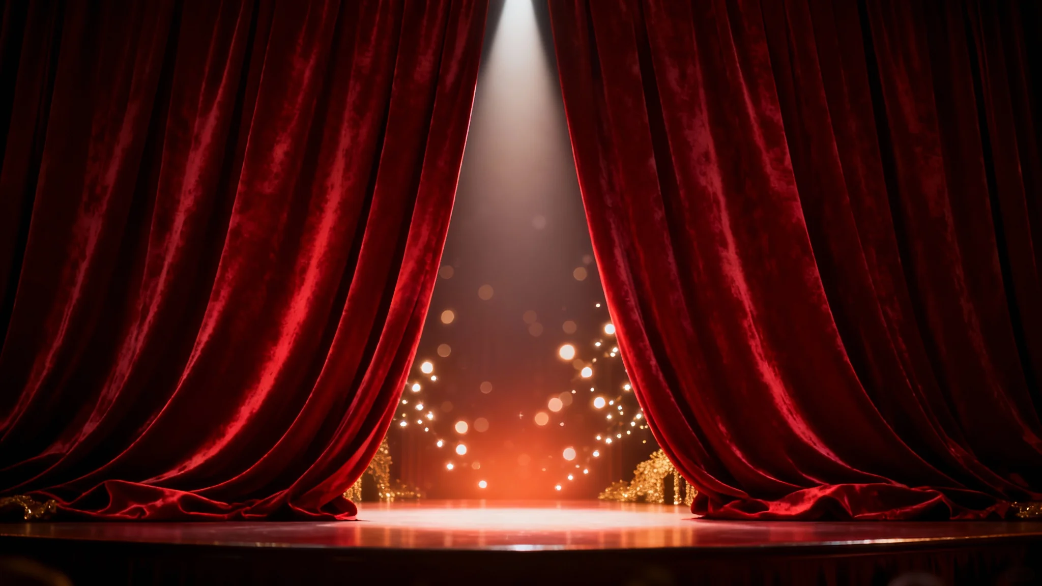 A cinematic, wide-angle view of a rich red velvet curtain, elegantly draped and lit by a spotlight, slightly parted to reveal a softly lit stage with glowing lights.