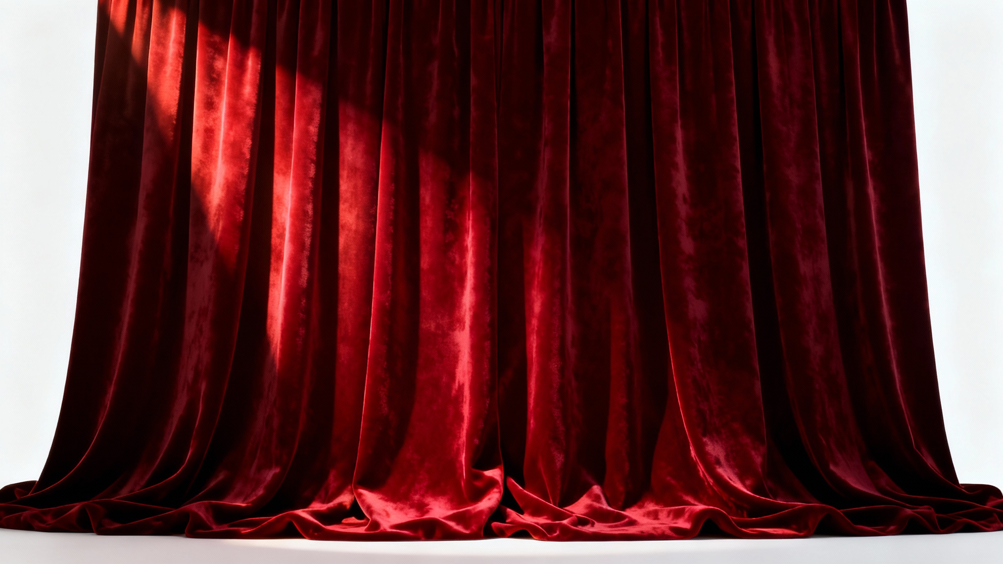 A close-up of a rich, deep red velvet curtain with dramatic lighting highlighting its plush texture and elegant folds, set against a plain white background.