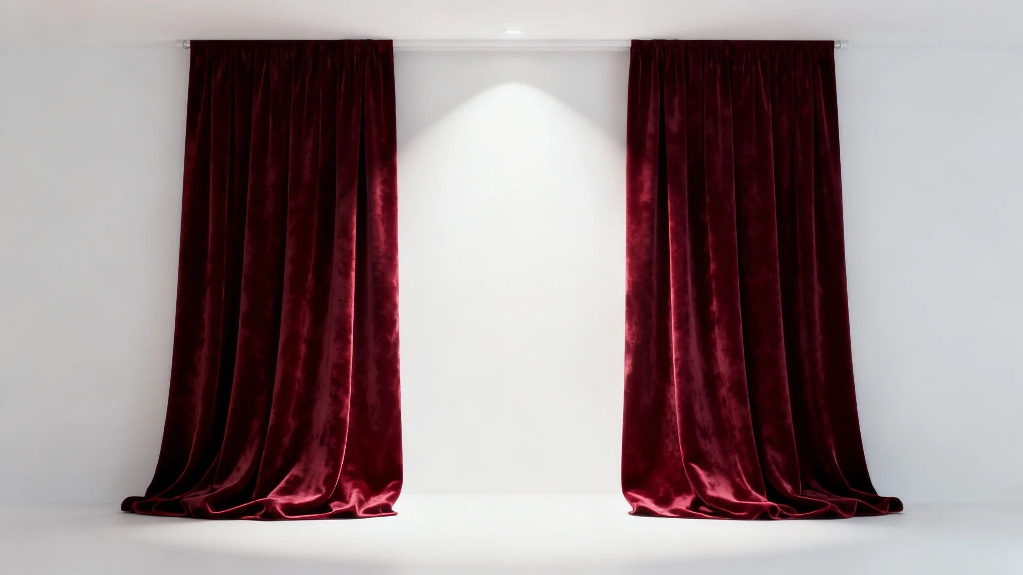 A photorealistic mockup of a deep red velvet curtain, elegantly draped and slightly parted in the center, set against a solid white background.