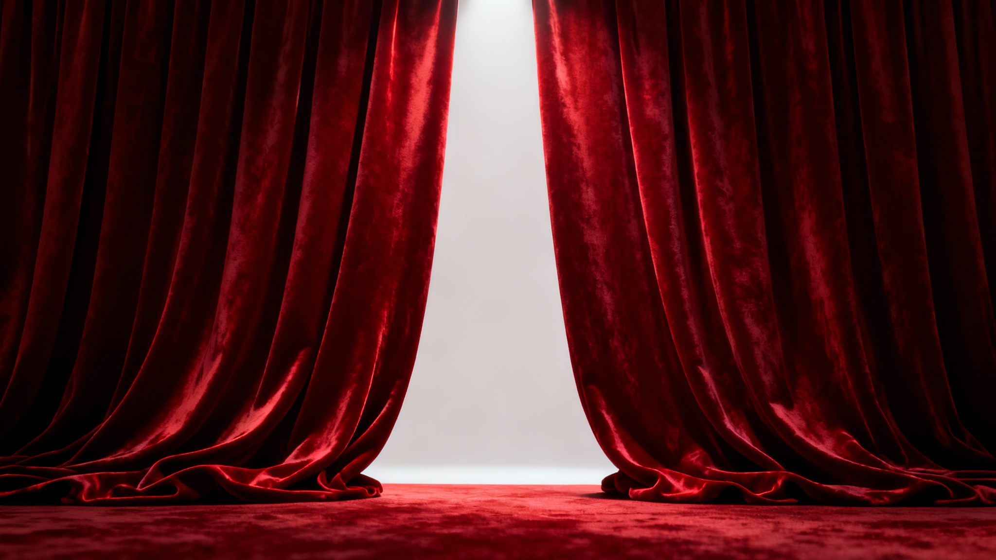 A close-up shot of a luxurious, deep red velvet curtain, softly lit to highlight its plush texture and elegant folds, serving as a theatrical background.